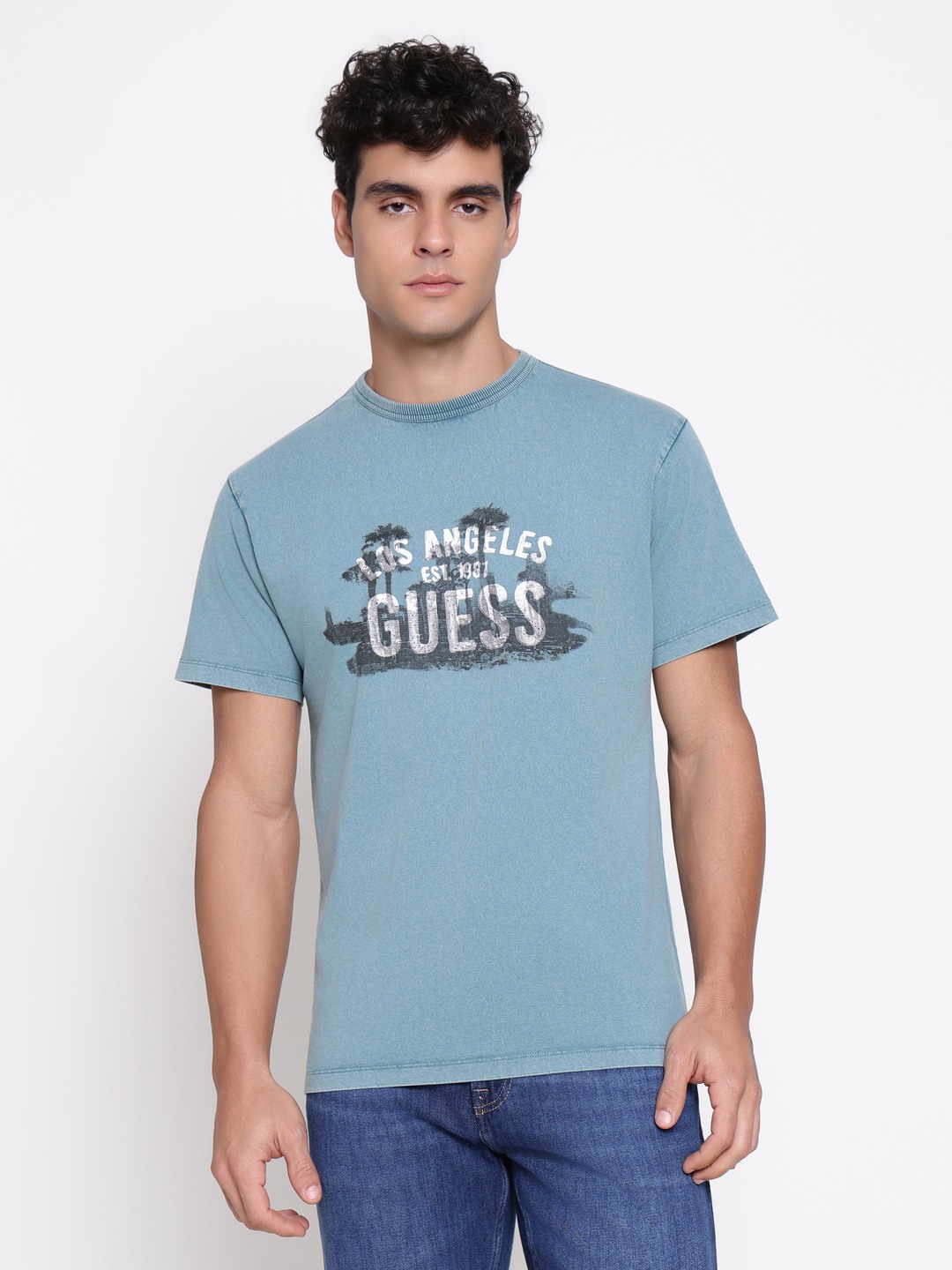 Guess Men Treated True Teal Typography Round Neck Regular Fit T-Shirt
