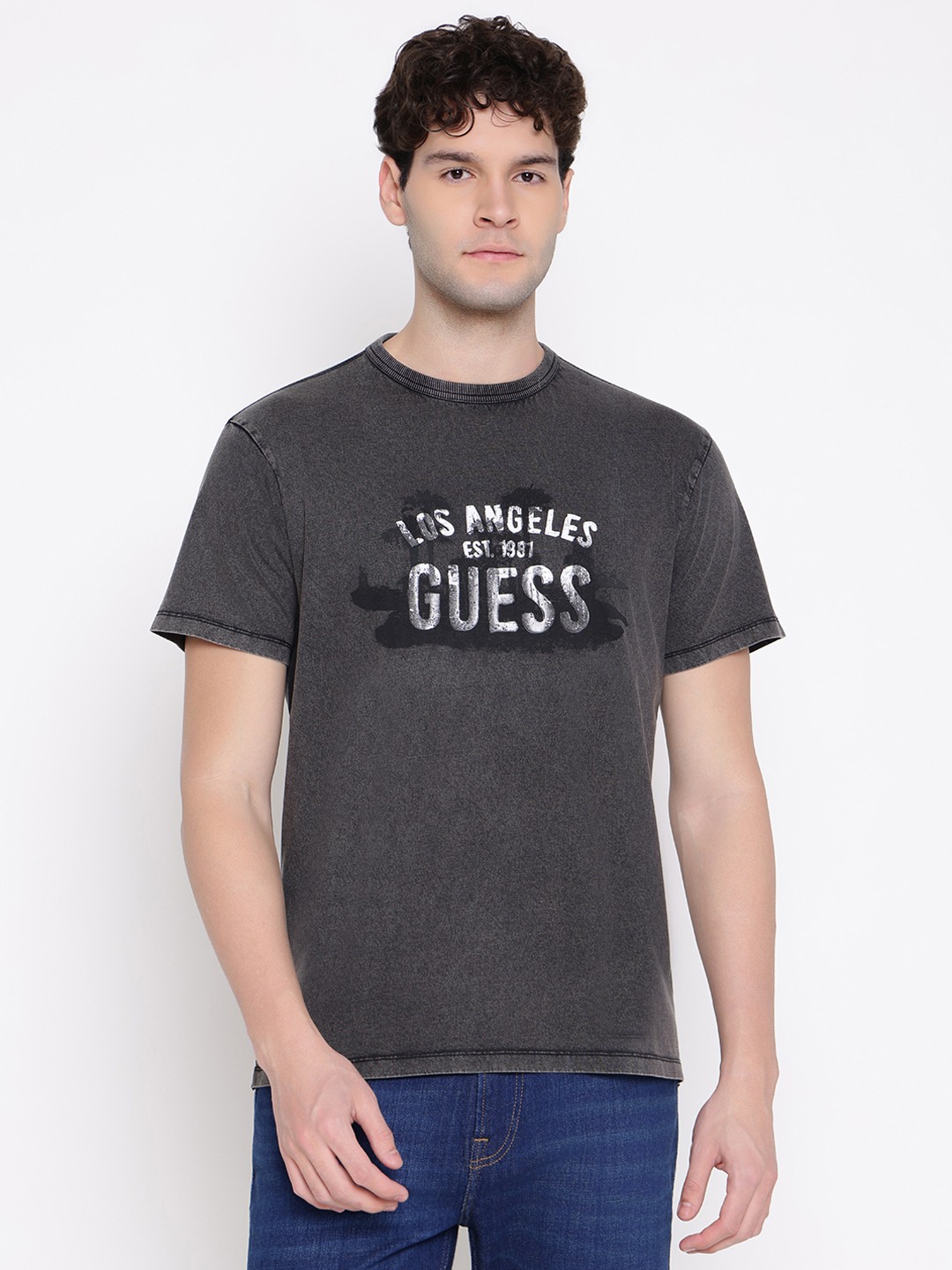 Guess Men Gaphic Print Embroidered Round Neck Short Sleeves T-Shirt
