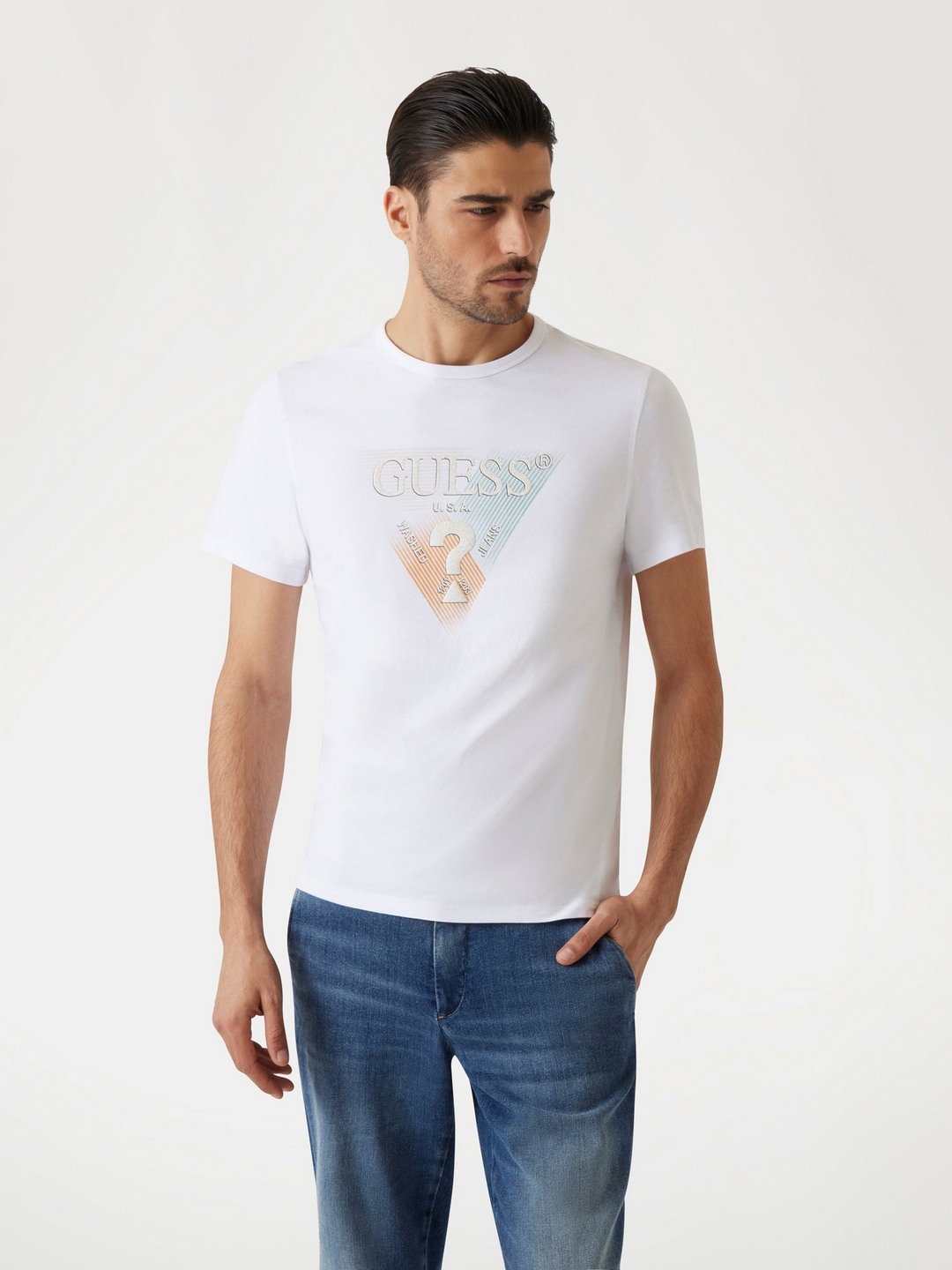 Guess Men's White Graphic Round Neck Short Sleeves T-Shirt
