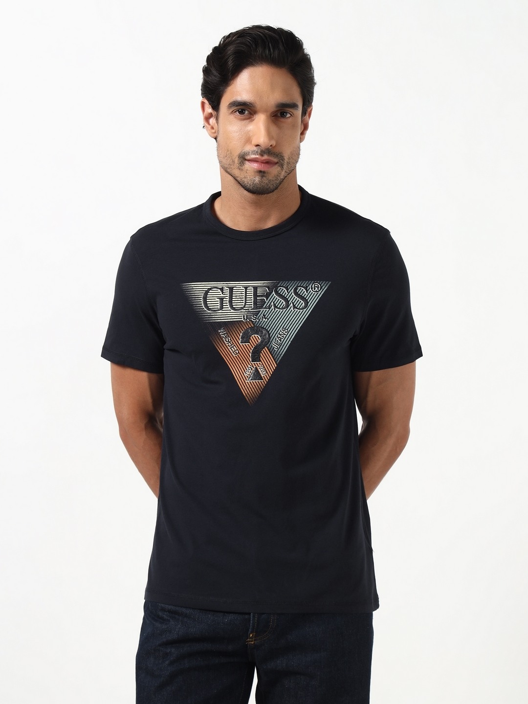 Guess Men Triangle Blue Printed Round Neck Knit Slim Fit T-Shirt