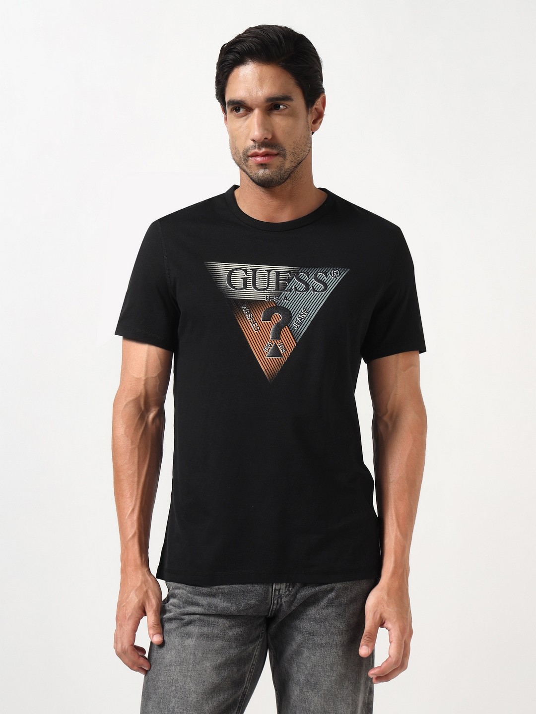 Guess Men Triangle Jet Black Printed Round Neck Half Sleeves Knit T-Shirt