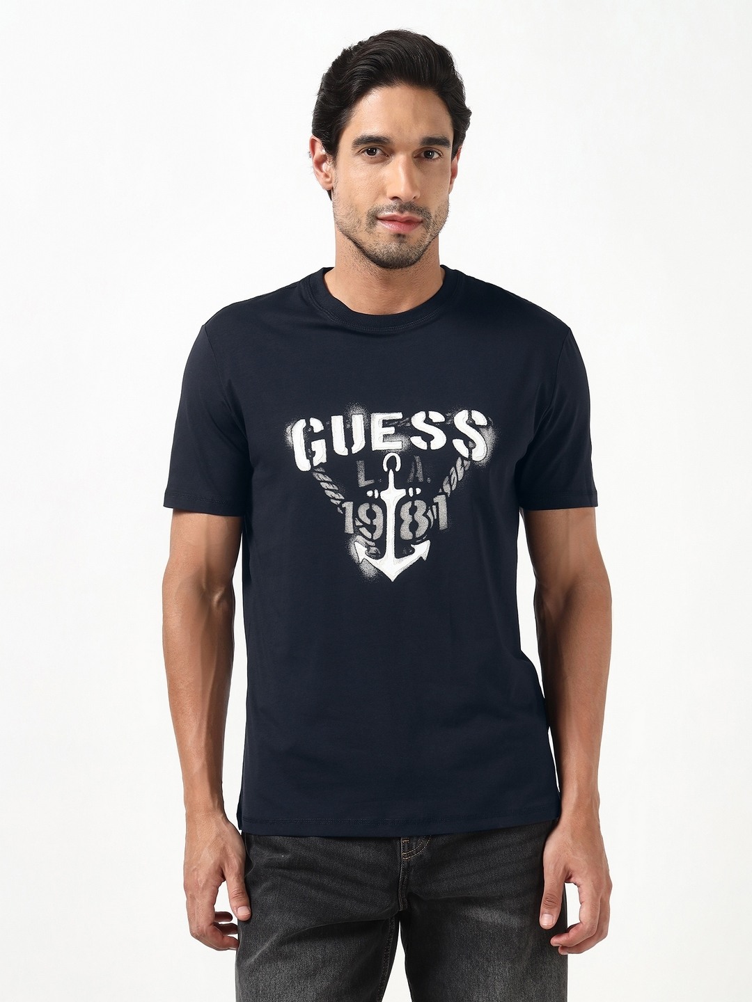 Guess Men Marina Triangl Smart Blue Printed Round Neck Cotton T-Shirt