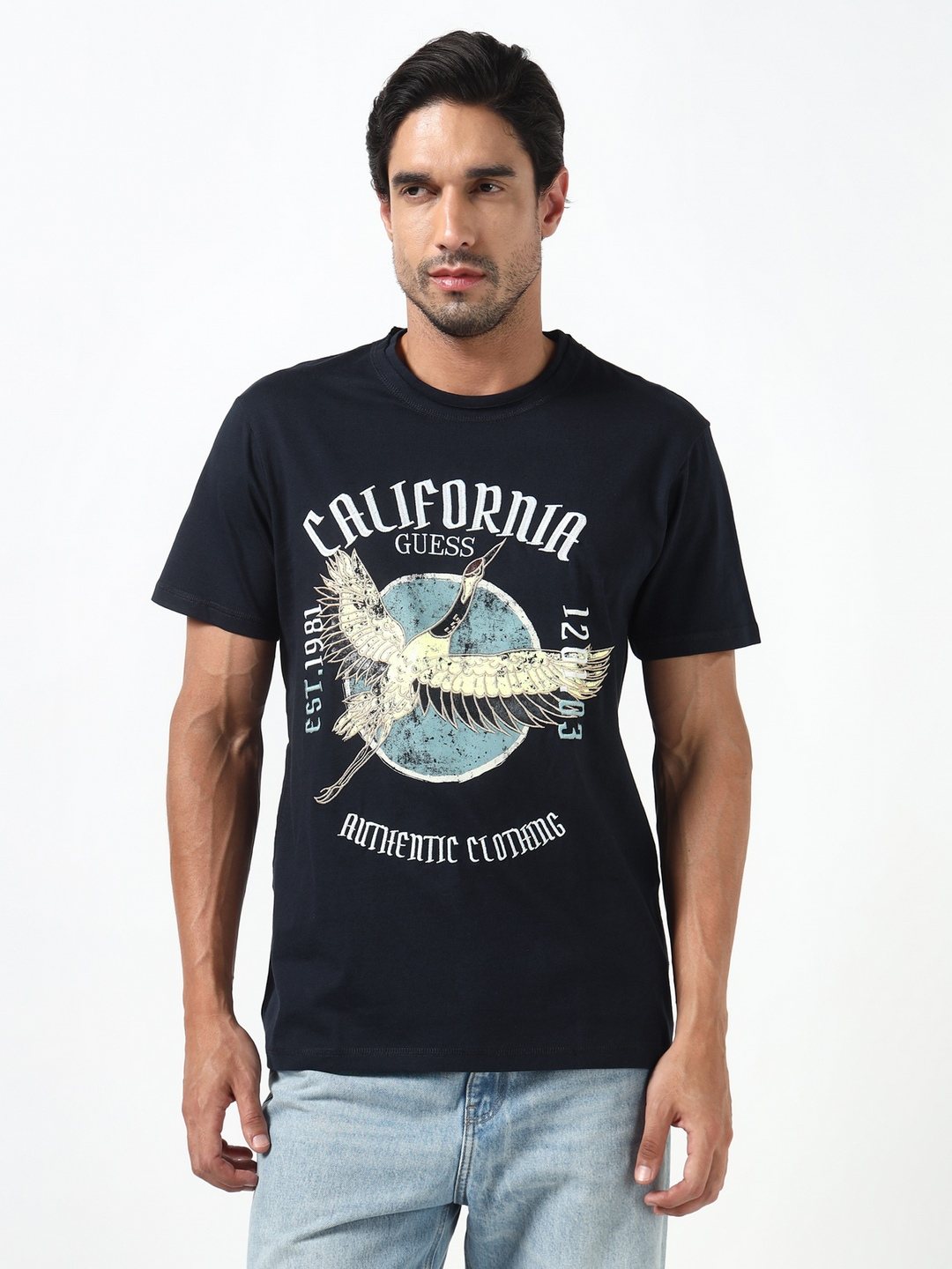 Guess Men Heron Smart Blue Printed Round Neck Half Sleeves Knit T-Shirt