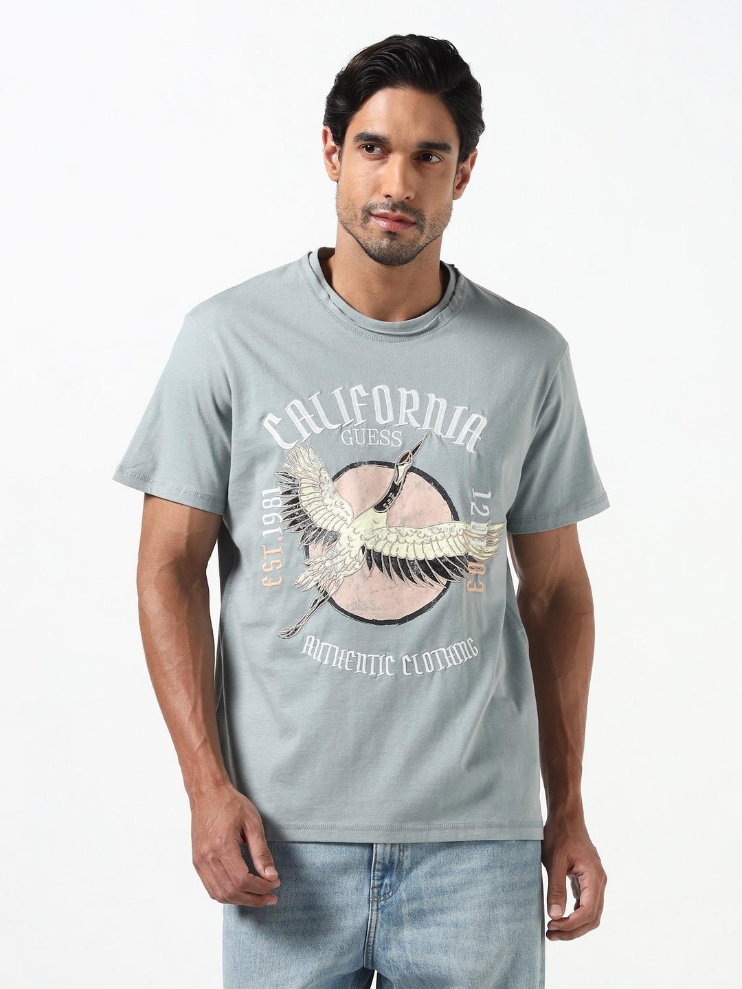 Guess Men Heron Grey Printed Round Neck Knit Regular Fit T-Shirt