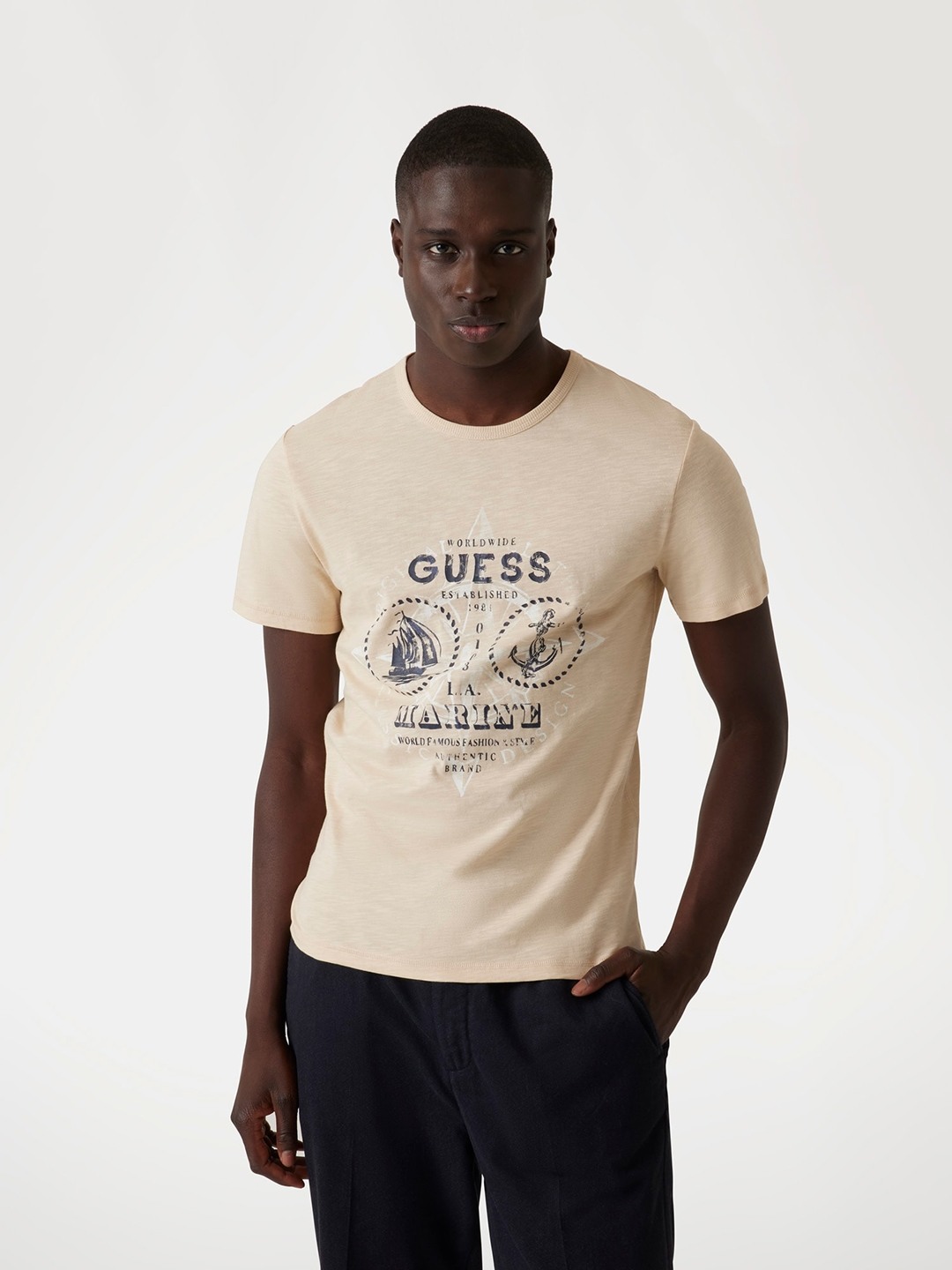 Guess Men's Beige Printed Crew Neck Short Sleeves T-Shirt