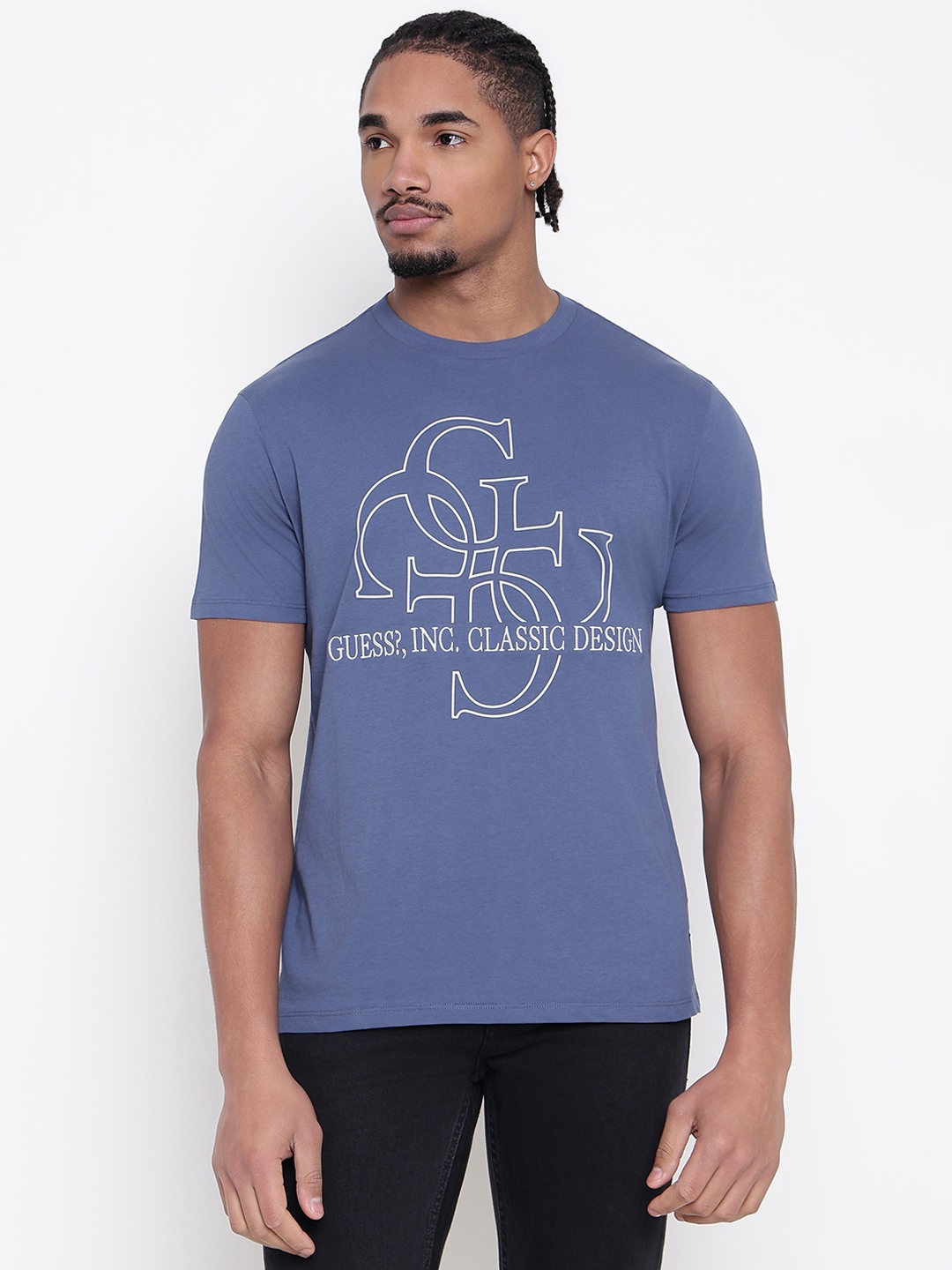 Men Blue Printed Round Neck T-shirt