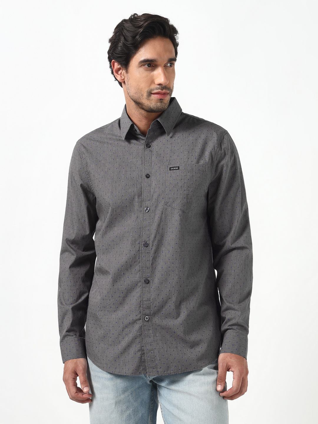 Guess Men Triangle Muted Stone Printed Spread Collar Full Sleeves Knit Shirt