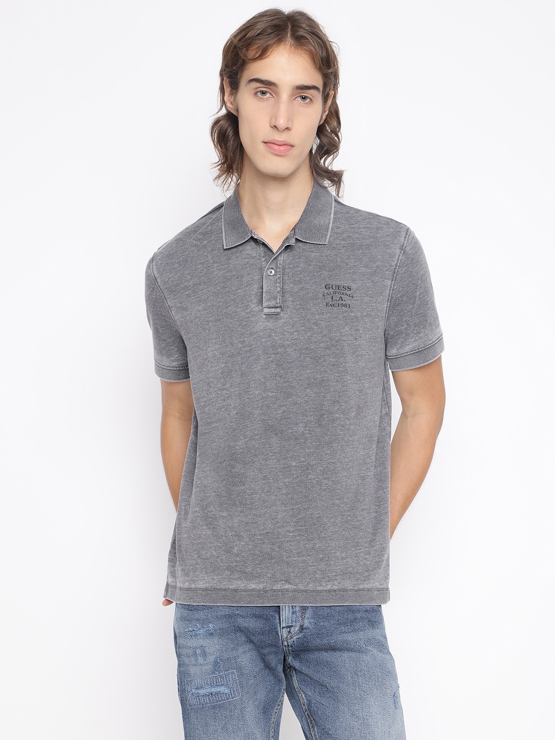 Guess Men's Grey Solid Collared Short Sleeves Polo T-Shirt