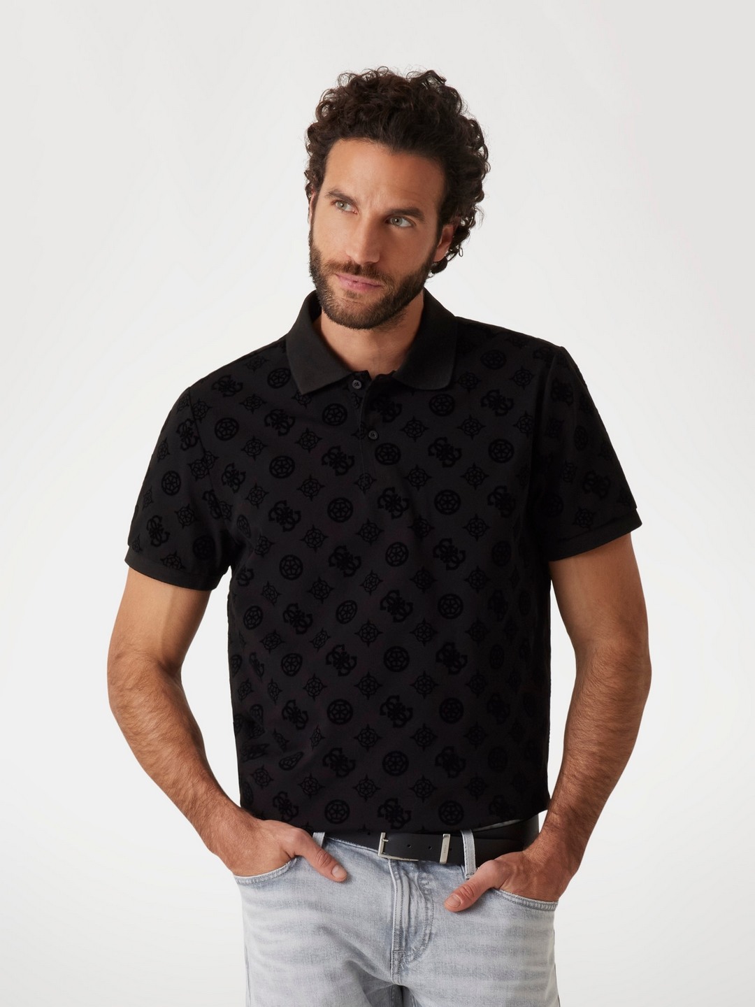 Guess Jet Black Round Neck Printed Polo T-Shirt