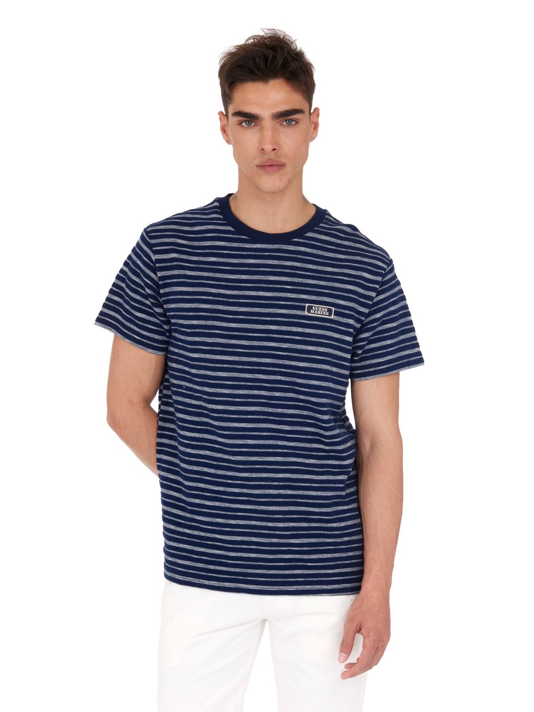 Guess Indigo White Round Neck Stripes T-Shirt