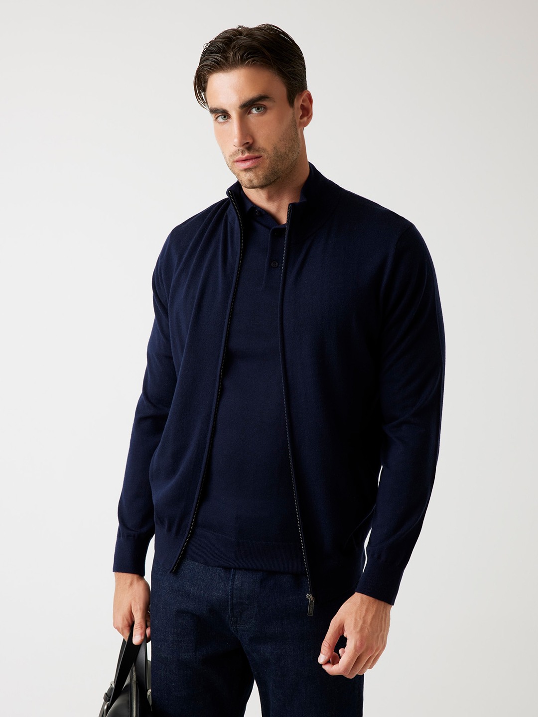 Guess Men's Smart Blue Solid High Neck Full Sleeve Merino Yarn Sweater