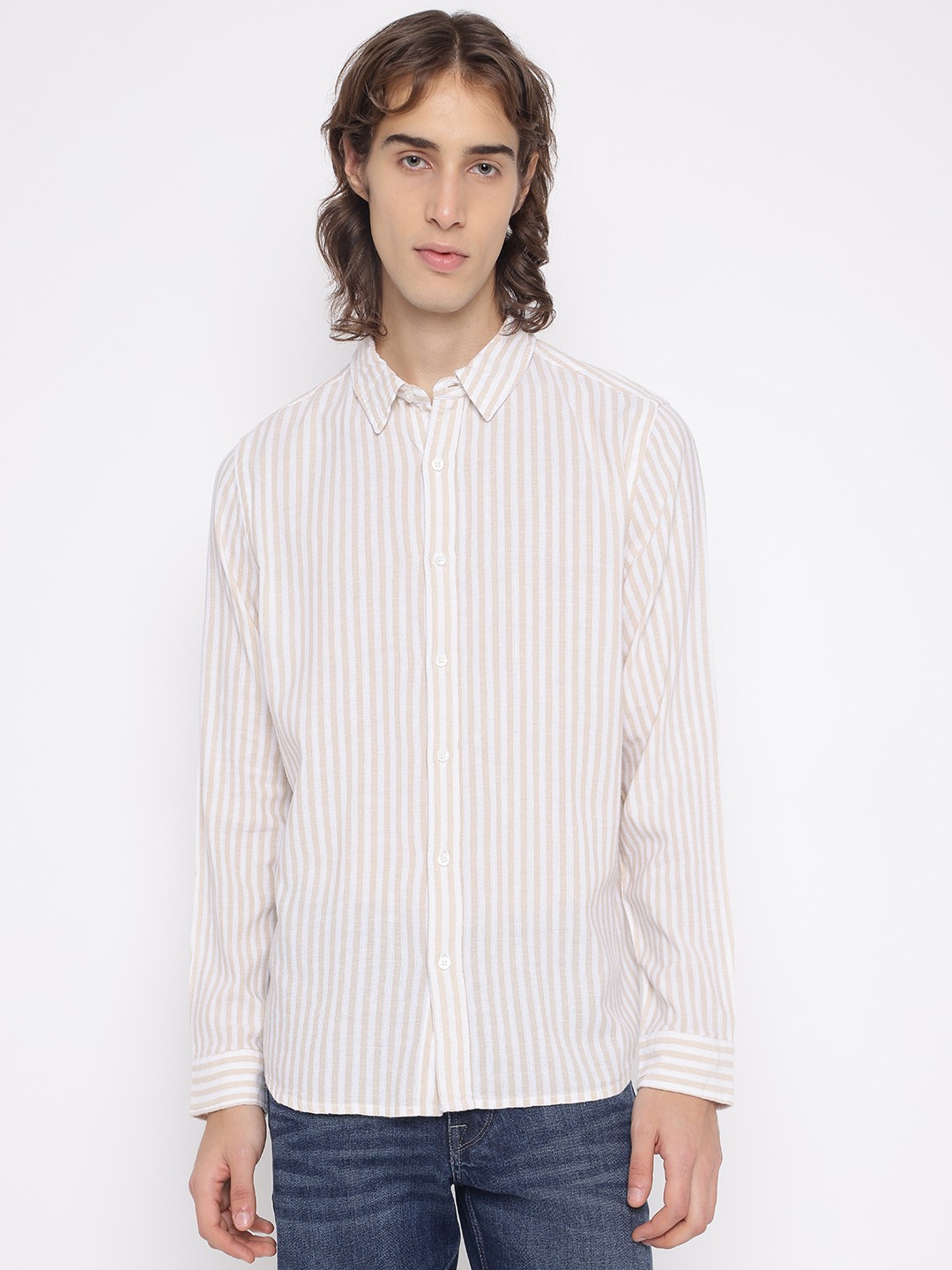 Guess Men's Beige Striped Spread Collar Long Sleeves Shirt