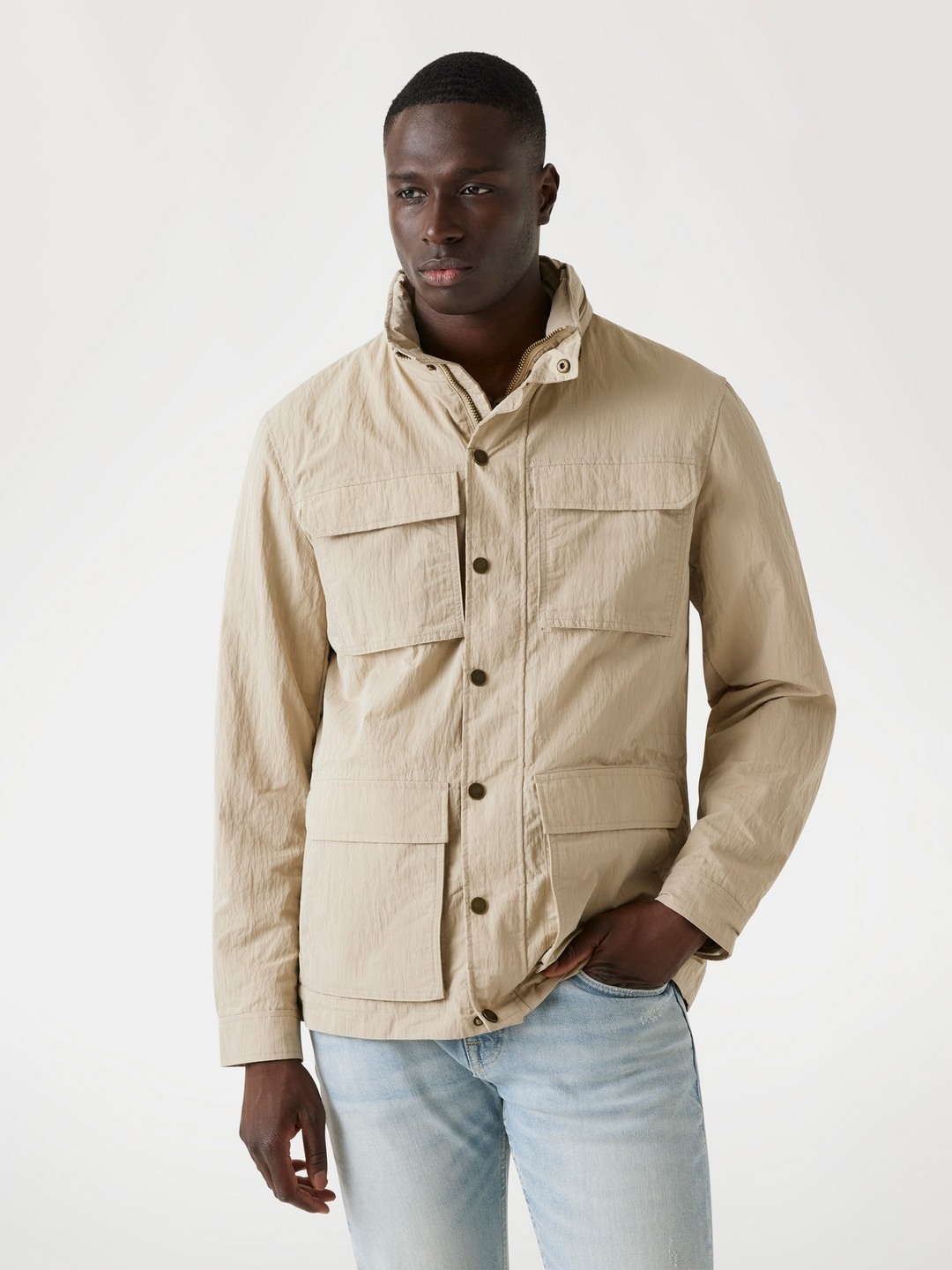 Beige Solid High Neck Jacket