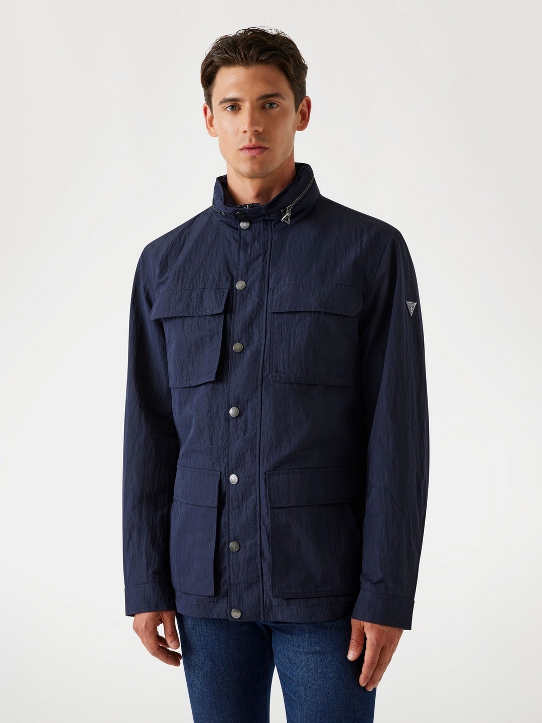 Navy Blue Solid High Neck Jacket