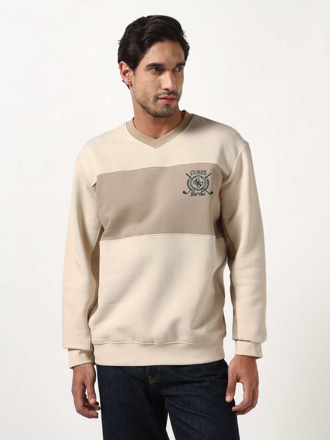 Guess Men Organic Cotton Sand & Desert Color Colorblock V-Neck Full Sleeves Knit Sweatshirt