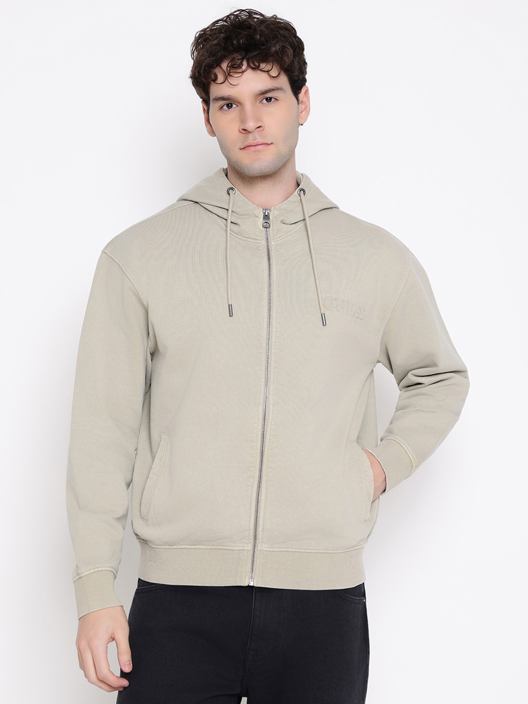 Guess Men Embossed Logo Hooded Neck Long Sleeves Zip Through Sweatshirt