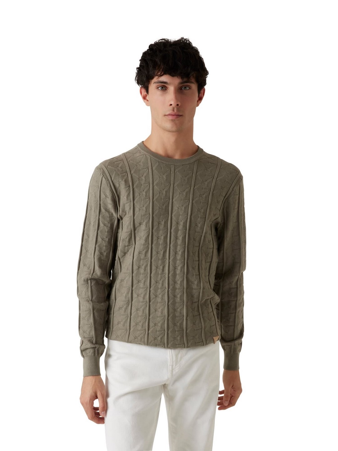 Olive Self Design Round Neck Sweater