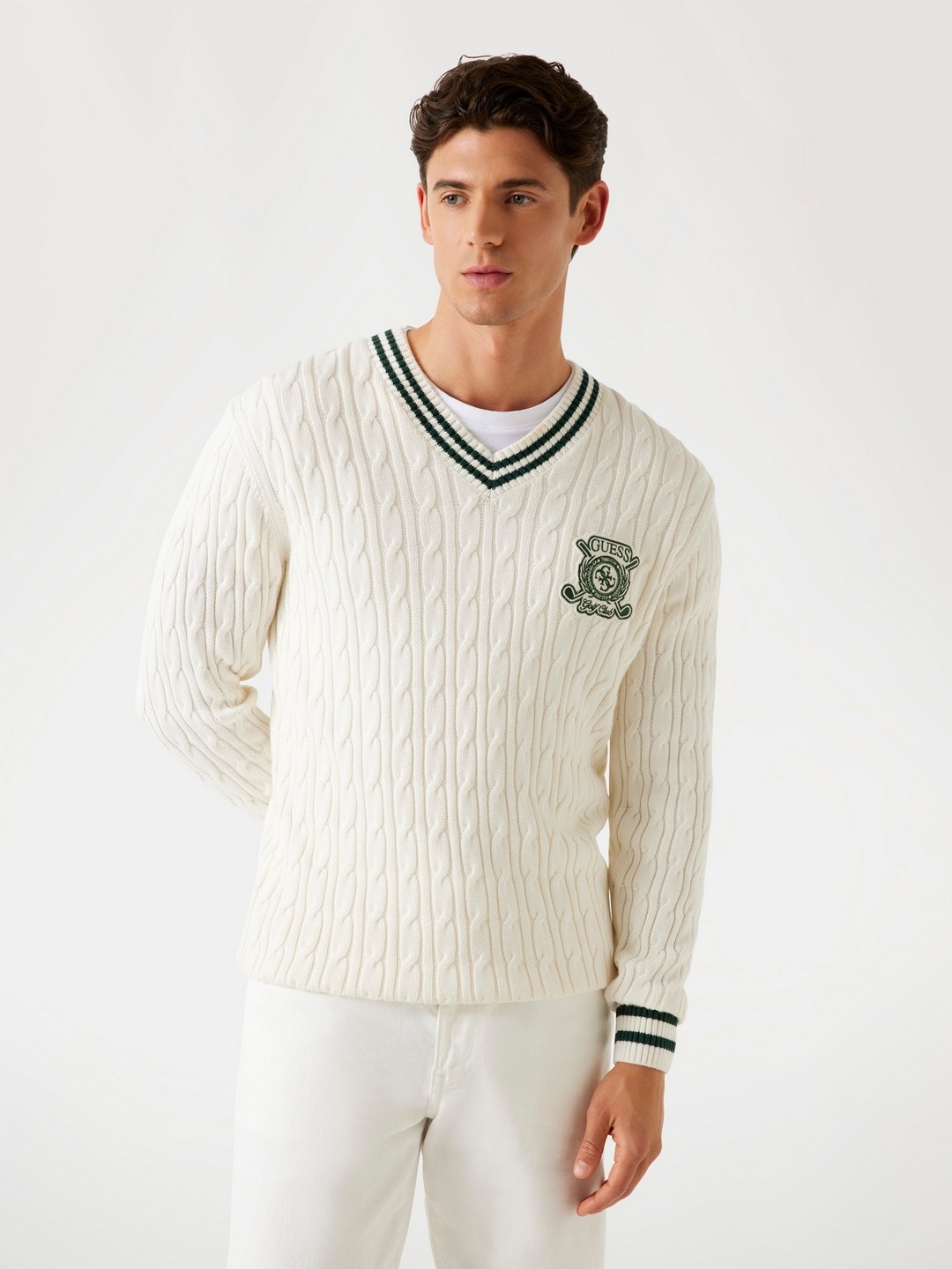 Guess Men Cable Knitted V-Neck Long Sleeves Pullover
