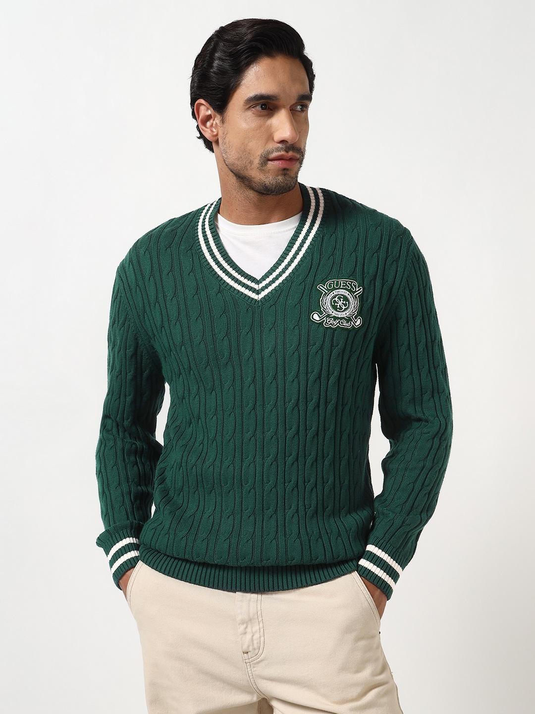 Guess Men Yasmin Alpine Grove Cable V-Neck Full Sleeves Knit Sweaters