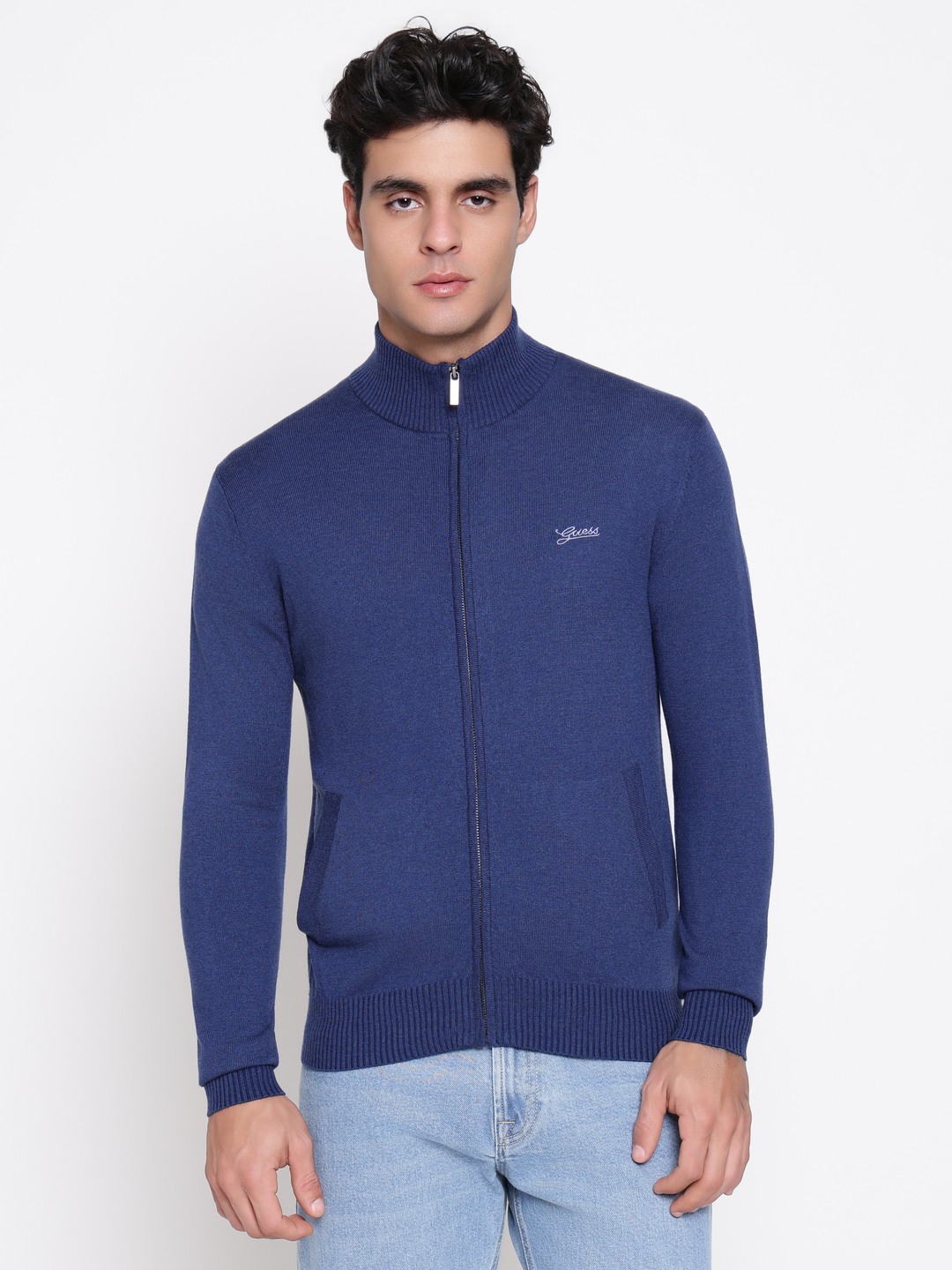 Guess Men Darrell Soft Endless Blue Solid High Neck Regular Fit Zip-Front Sweater