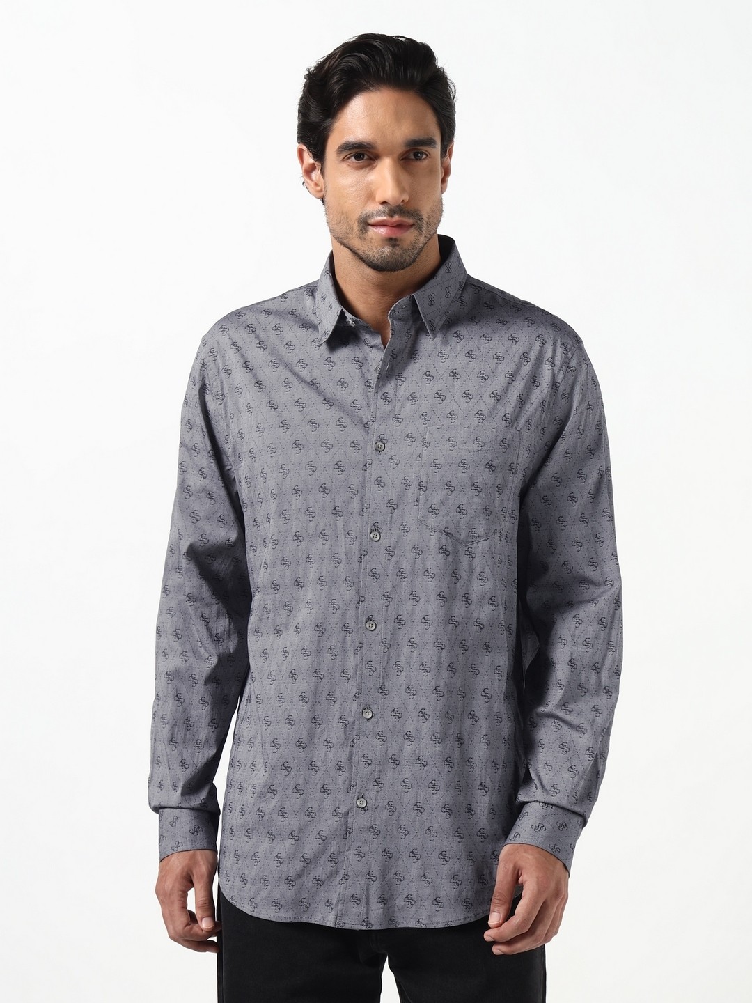 Guess Men Oxford Blue Printed Spread Collar Woven Regular Fit Shirt