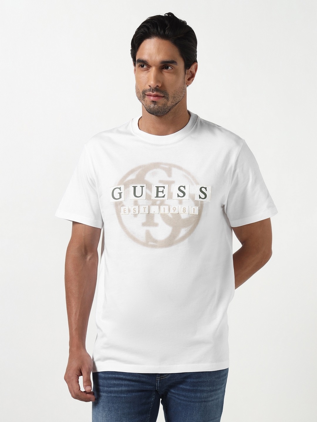 Guess Men Organic White Applique Round Neck Knit Regular Fit T-Shirt