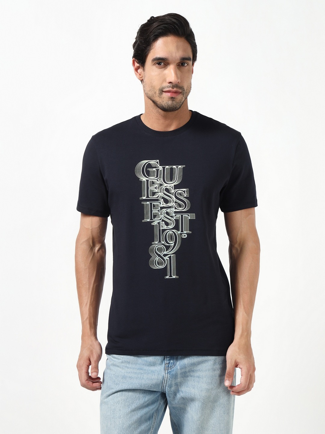 Guess Men Perspecti Smart Blue Printed Round Neck Half Sleeves Knit T-Shirt