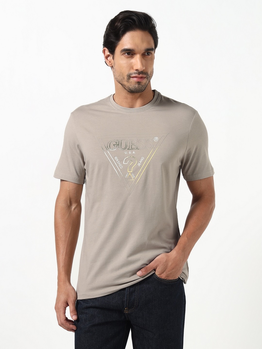 Guess Men Triangle Grey Printed Round Neck Knit Slim Fit T-Shirt