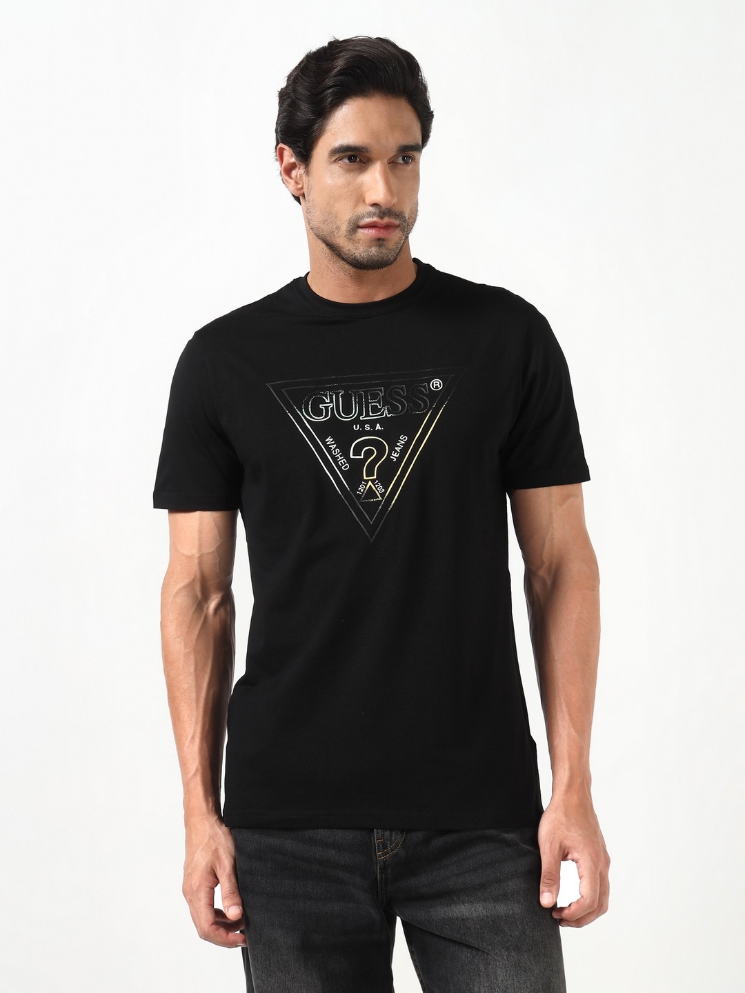 Guess Men Triangle Jet Black Printed Round Neck Half Sleeves Knit T-Shirt