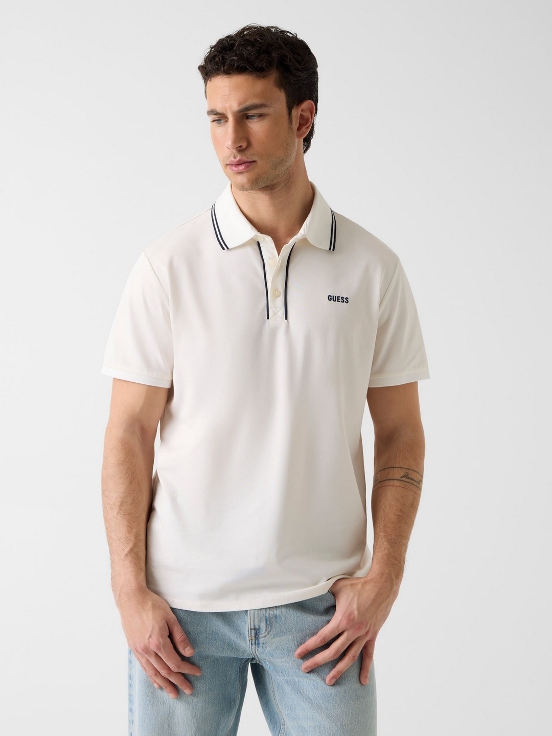 Guess Men Paul Pique White Solid Polo Neck Knit Slim Fit T-Shirt