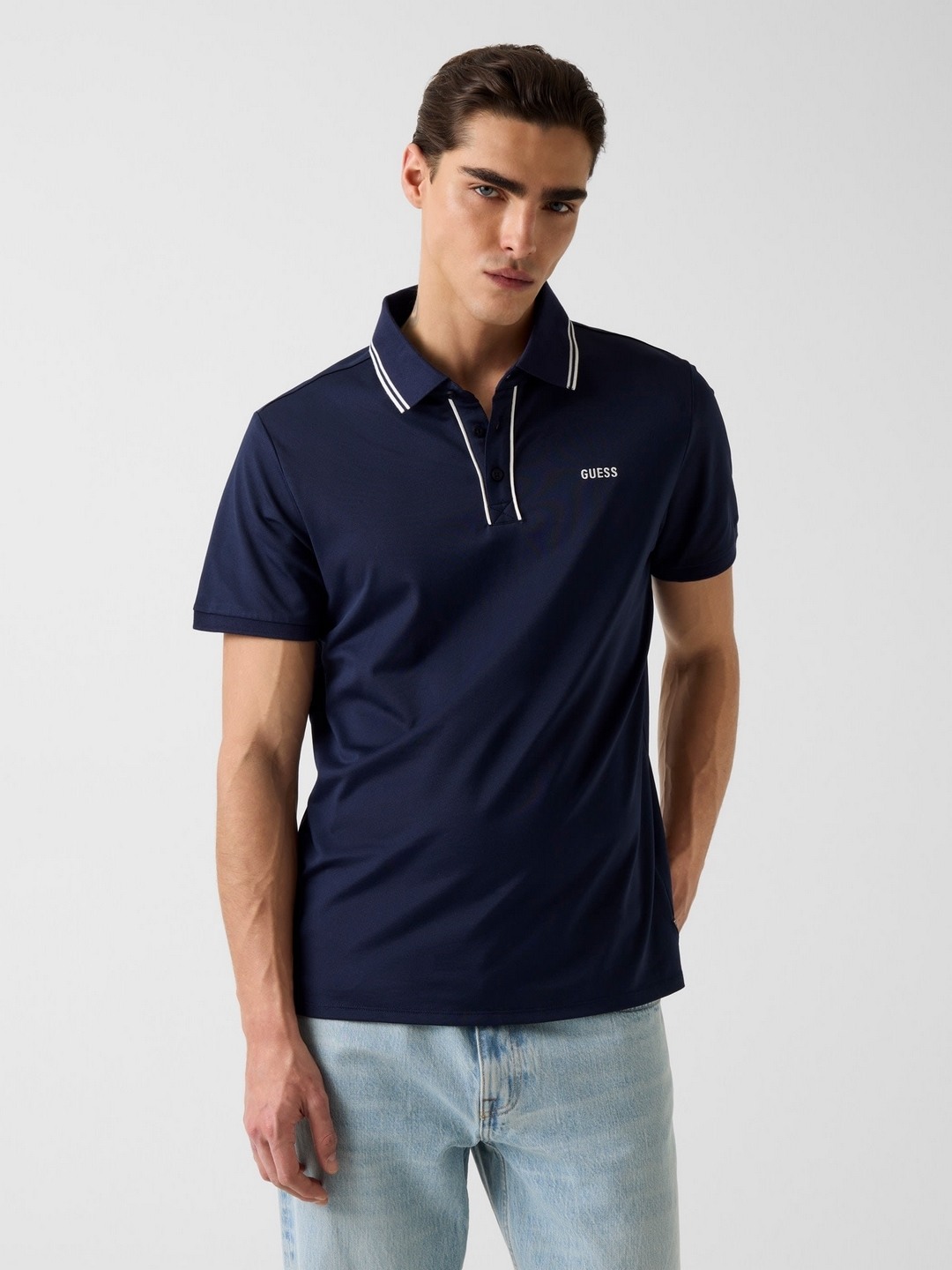 Guess Men Paul Pique Navy Blue Solid Polo Neck Knit Slim Fit T-Shirt
