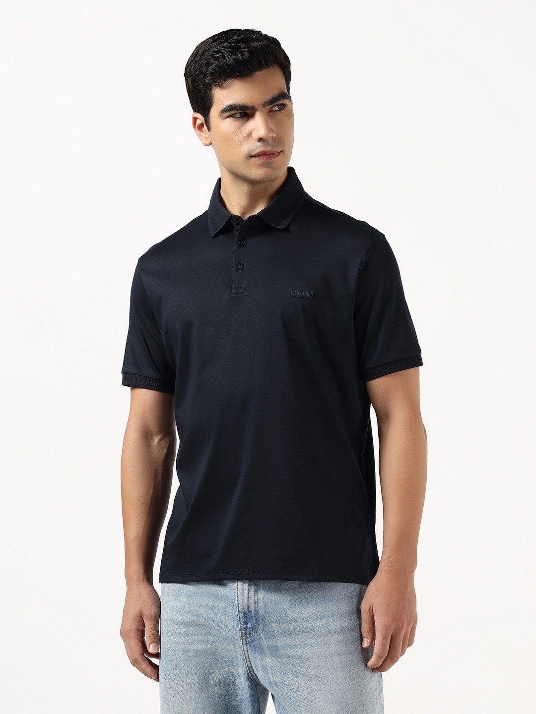 Guess Men Mercerised Smart Blue Solid Pure Cotton Polo T-Shirt