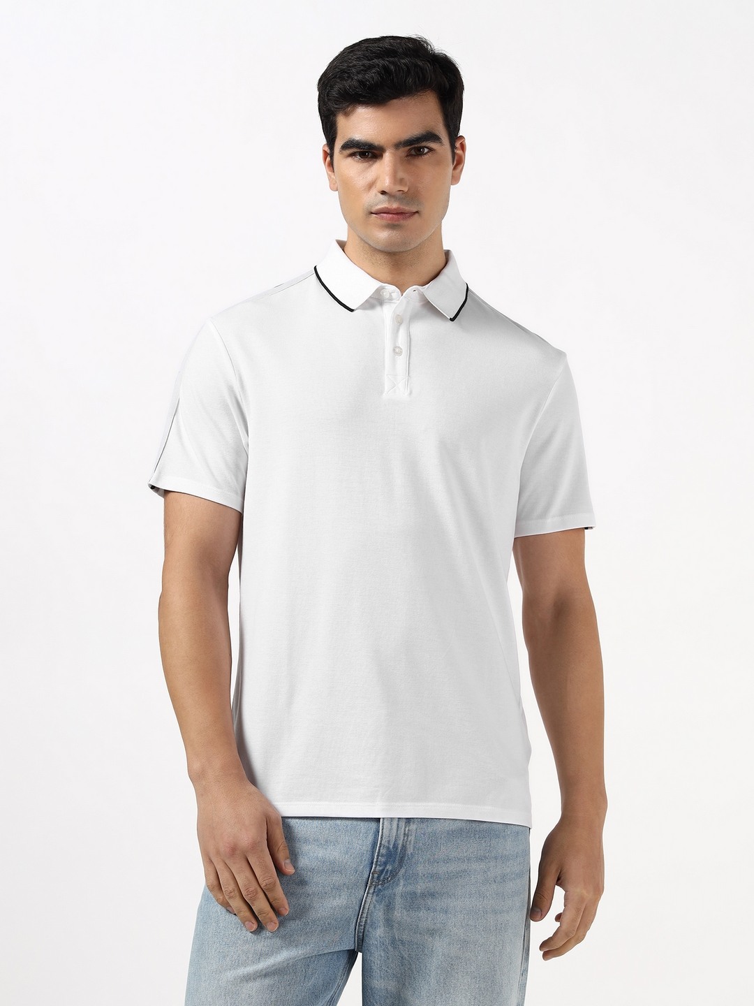 Guess Men Logo Tape Pure White Solid Polycotton Polo T-Shirt
