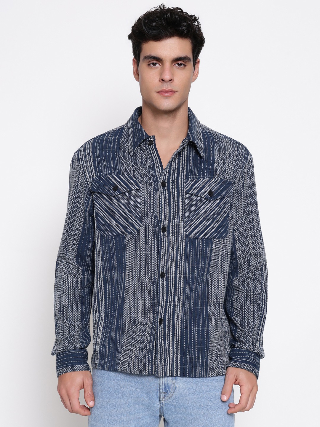 Guess Men Atlas Cotton Linear Indigo Multi Vertical Stripes Spread Collar Regular Fit Contrast Patch Pocket Shirt