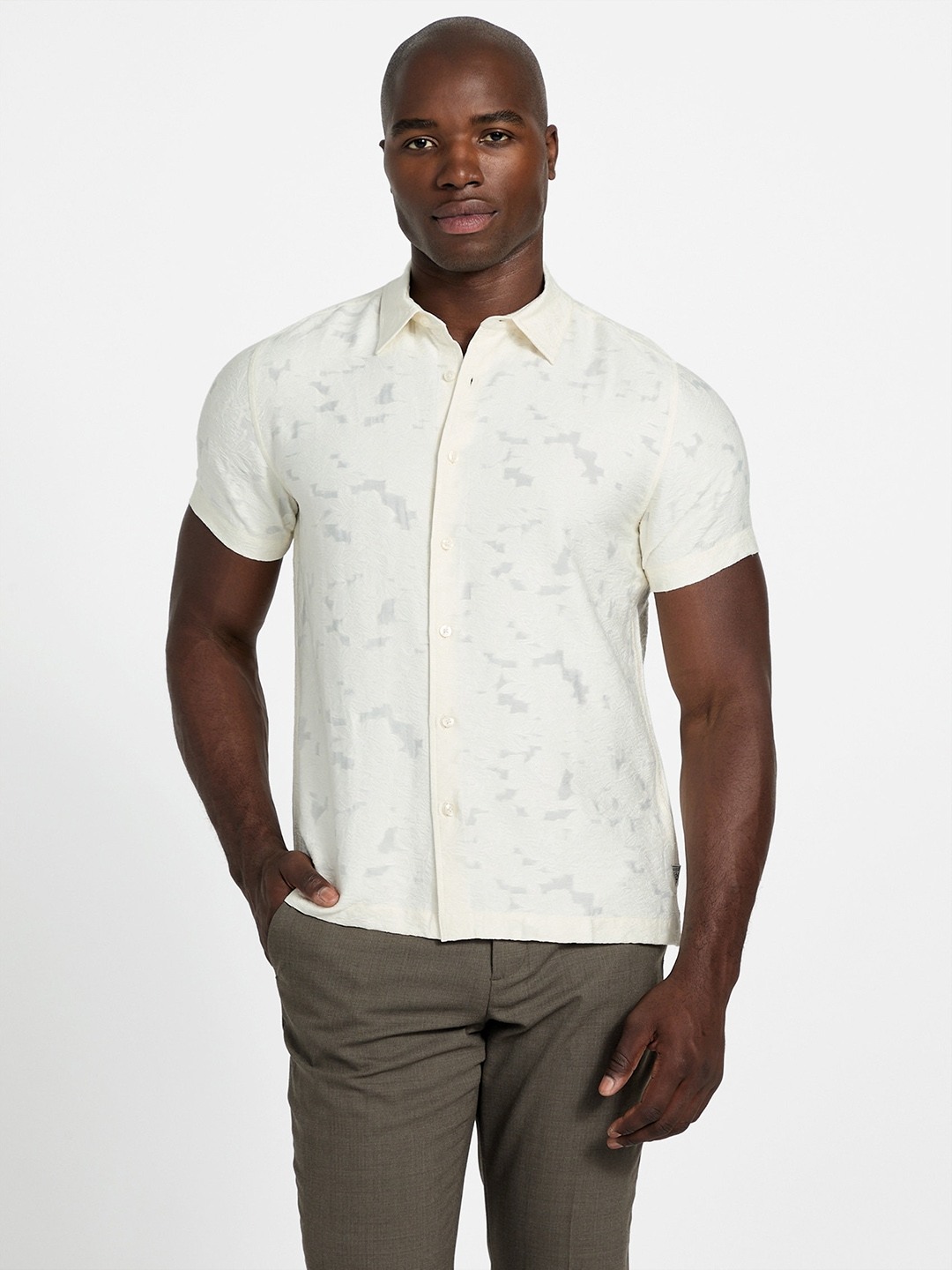 White Self Design Spread Collar Shirt