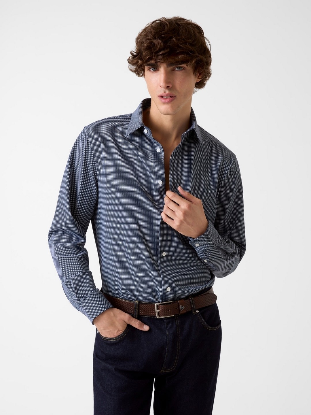Guess Men Oxford Blue Micro Checks Spread Collar Knit Regular Fit Shirt