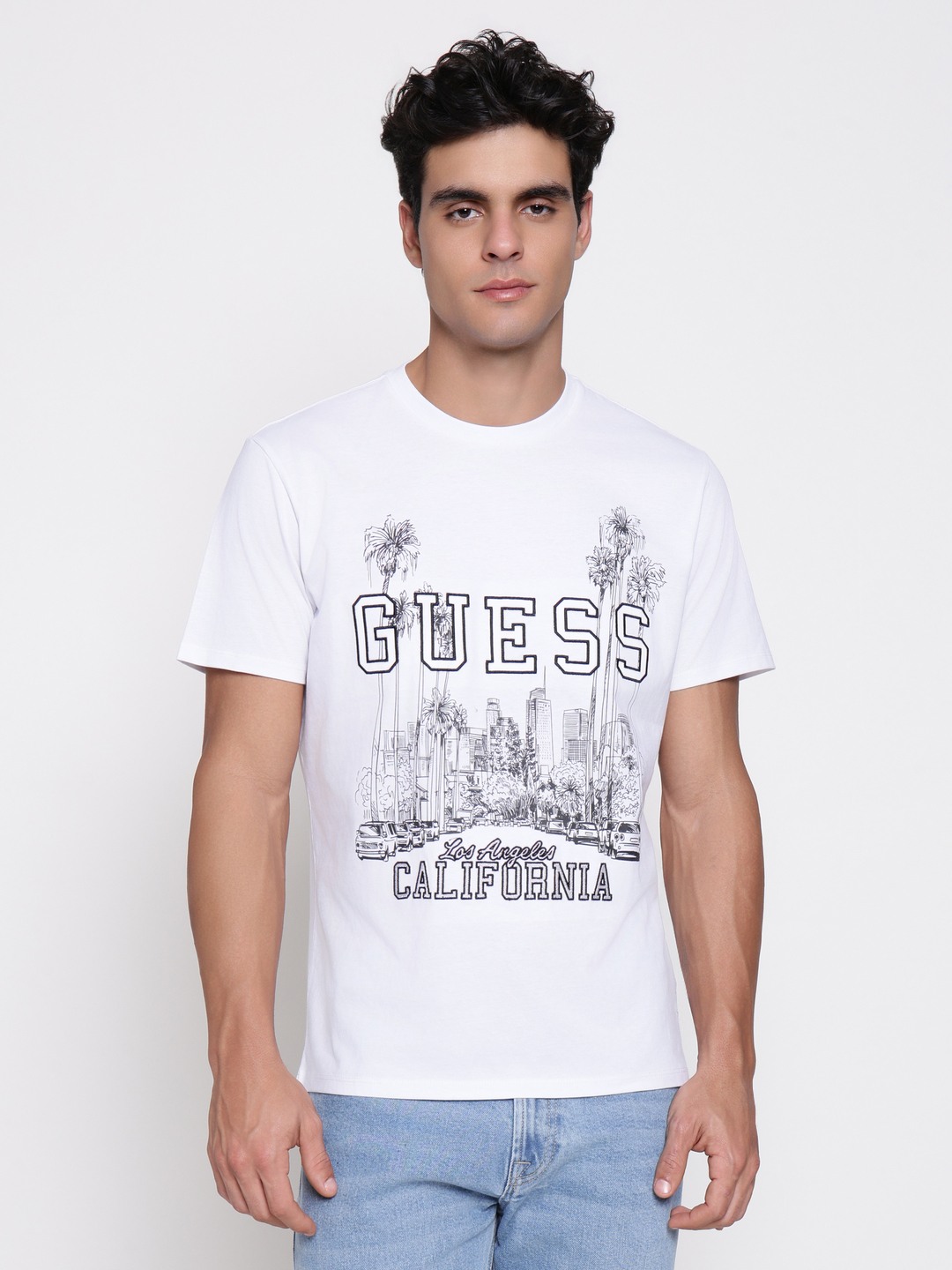 Guess Men Mid Organic Stream Pure White Typography With Palm Illustration Round Neck Regular Fit T-Shirt