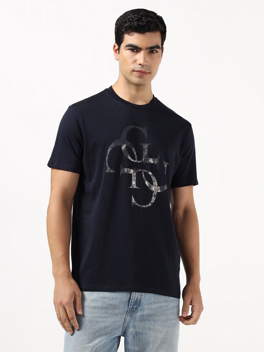 Guess Men Shimmer Smart Blue Printed Round Neck Pure Cotton T-Shirt
