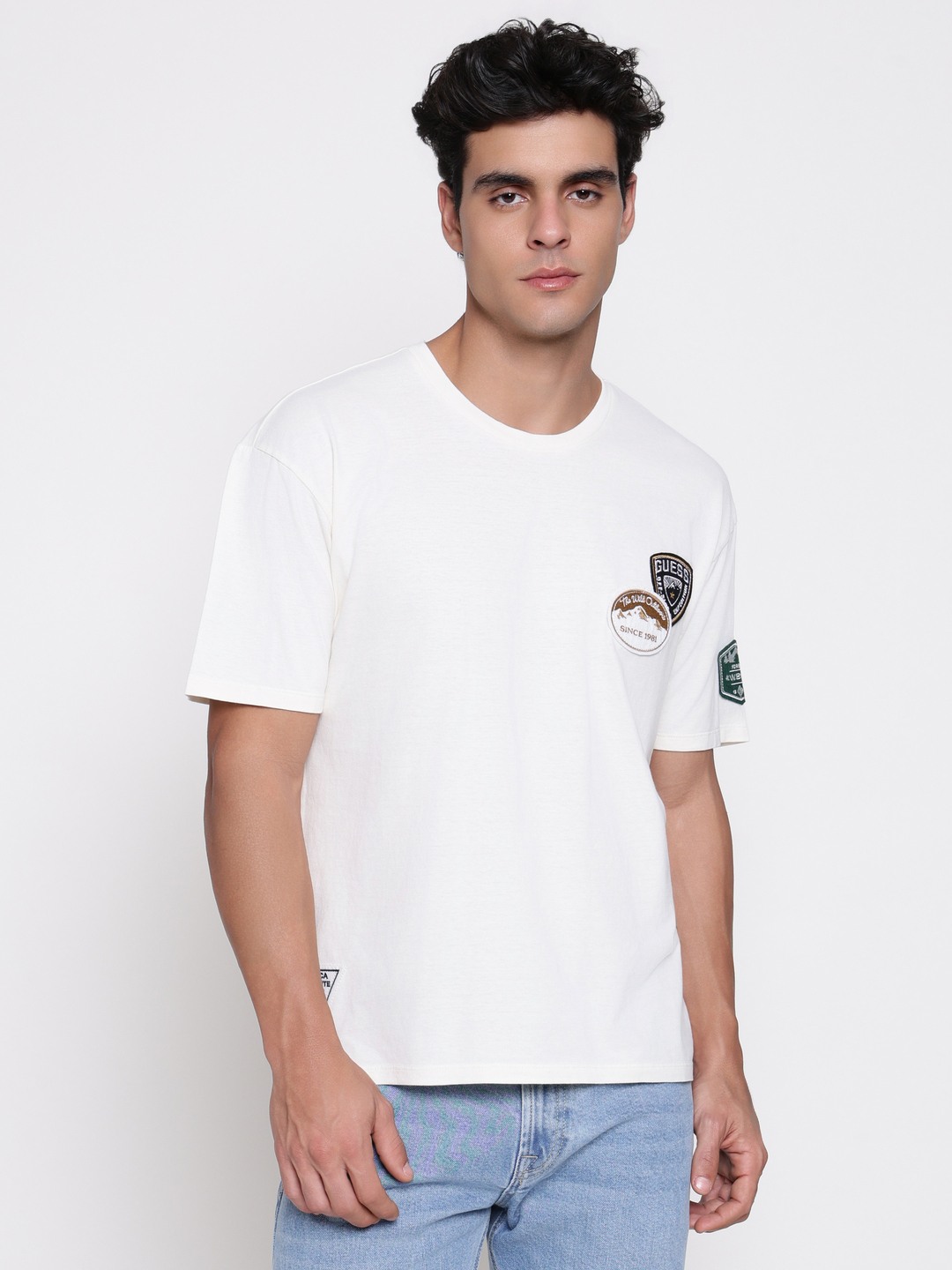 Guess Men Woods Organic Cotton Vanilla Cream Multi Patch Work Round Neck Regular Fit T-Shirt