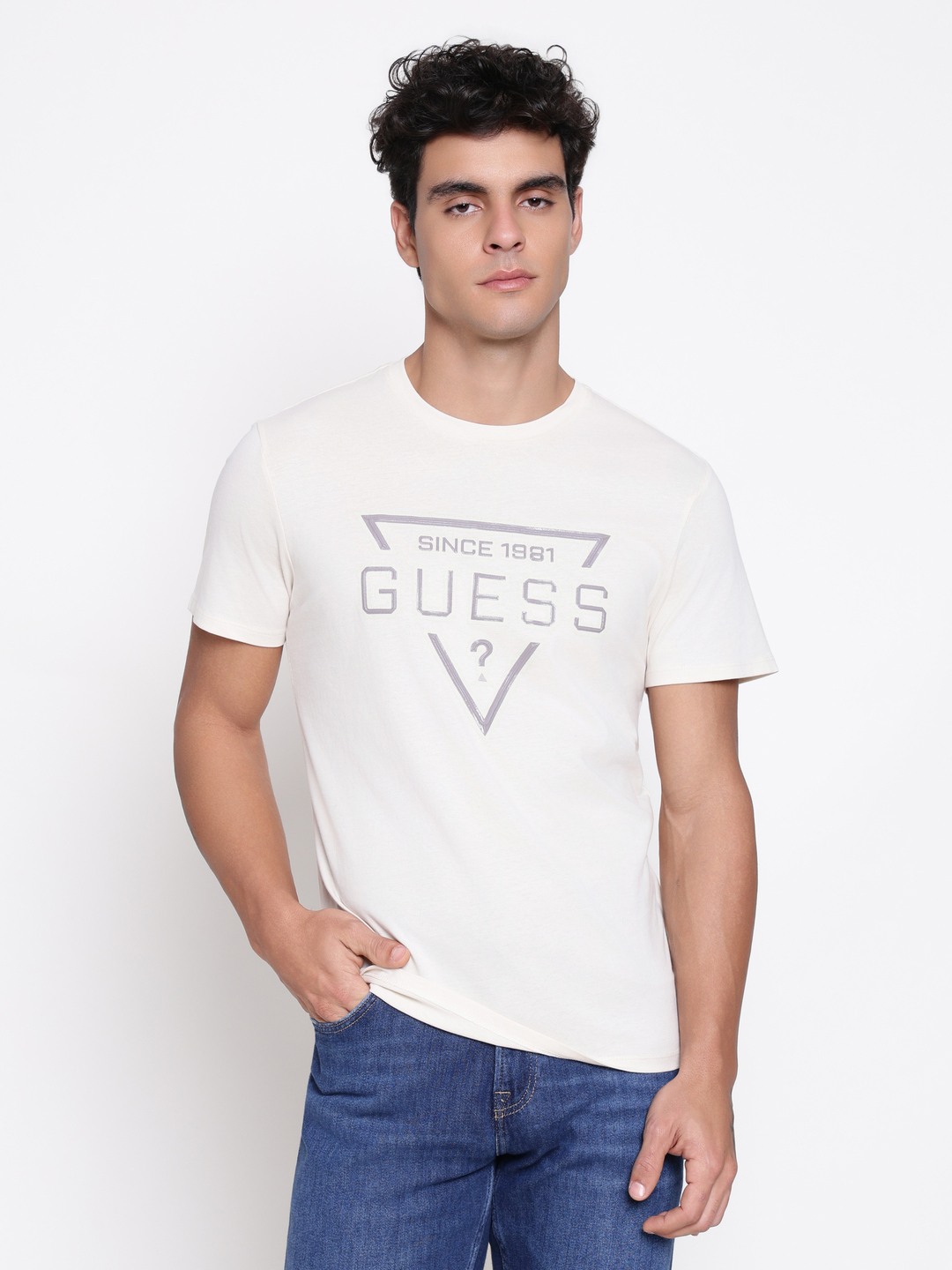 Guess Men Mid Organic Stream Vanilla Cream Typography Round Neck Regular Fit T-Shirt