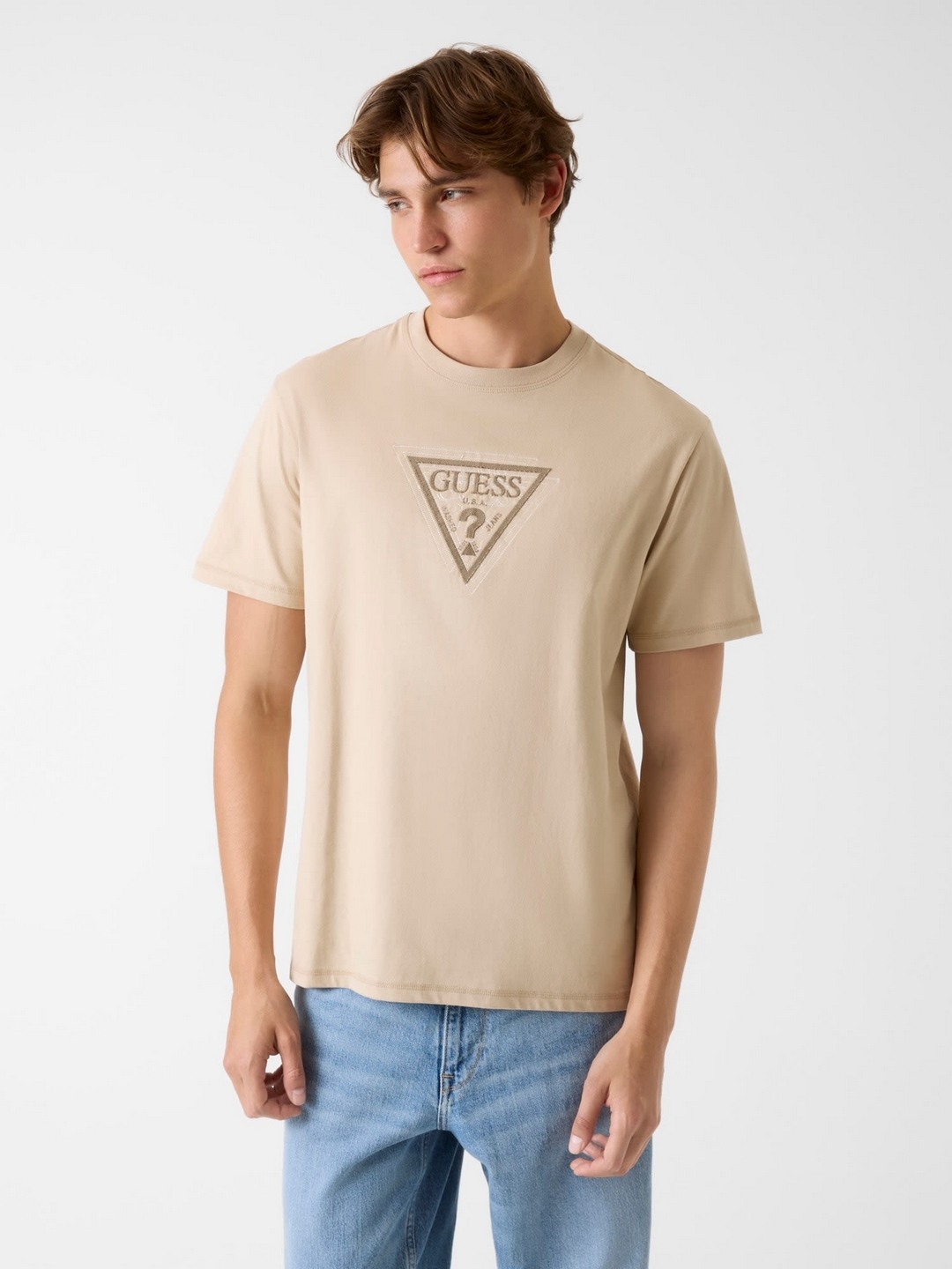 Guess Men Pure Cotton Embroidered Crew Neck Mid Organic Heavy T-Shirt