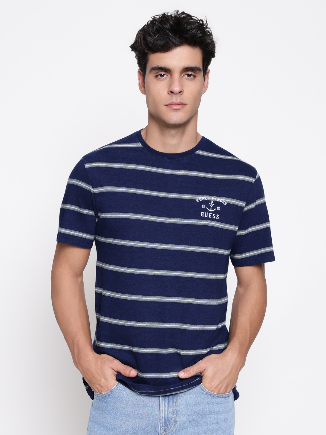 Guess Men Marine Organic Heavy Wash Indigo Horizontal Striped Round Neck Regular Fit T-Shirt