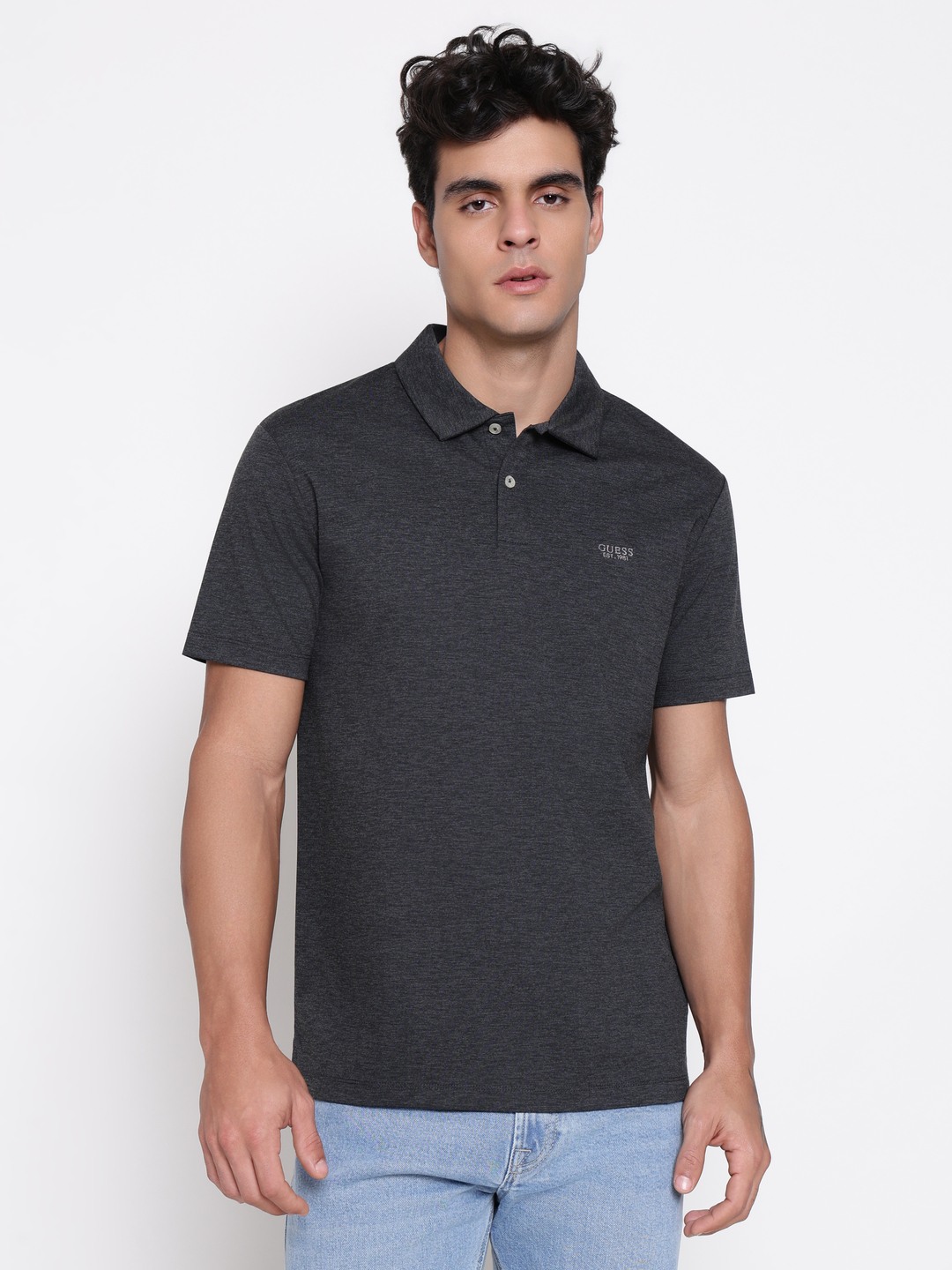 Guess Men Tech Ponte Diagonal Dark Coal Heather Solid Polo Neck Regular Fit T-Shirt
