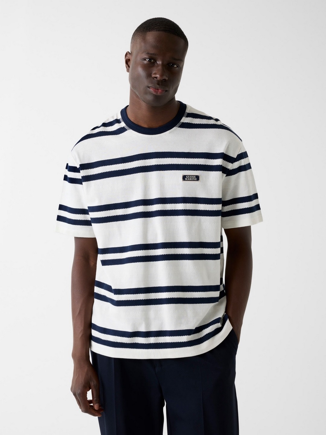 Guess Men Pure Cotton Striped Crew Neck Soft Jacquard Herringbone T-Shirt