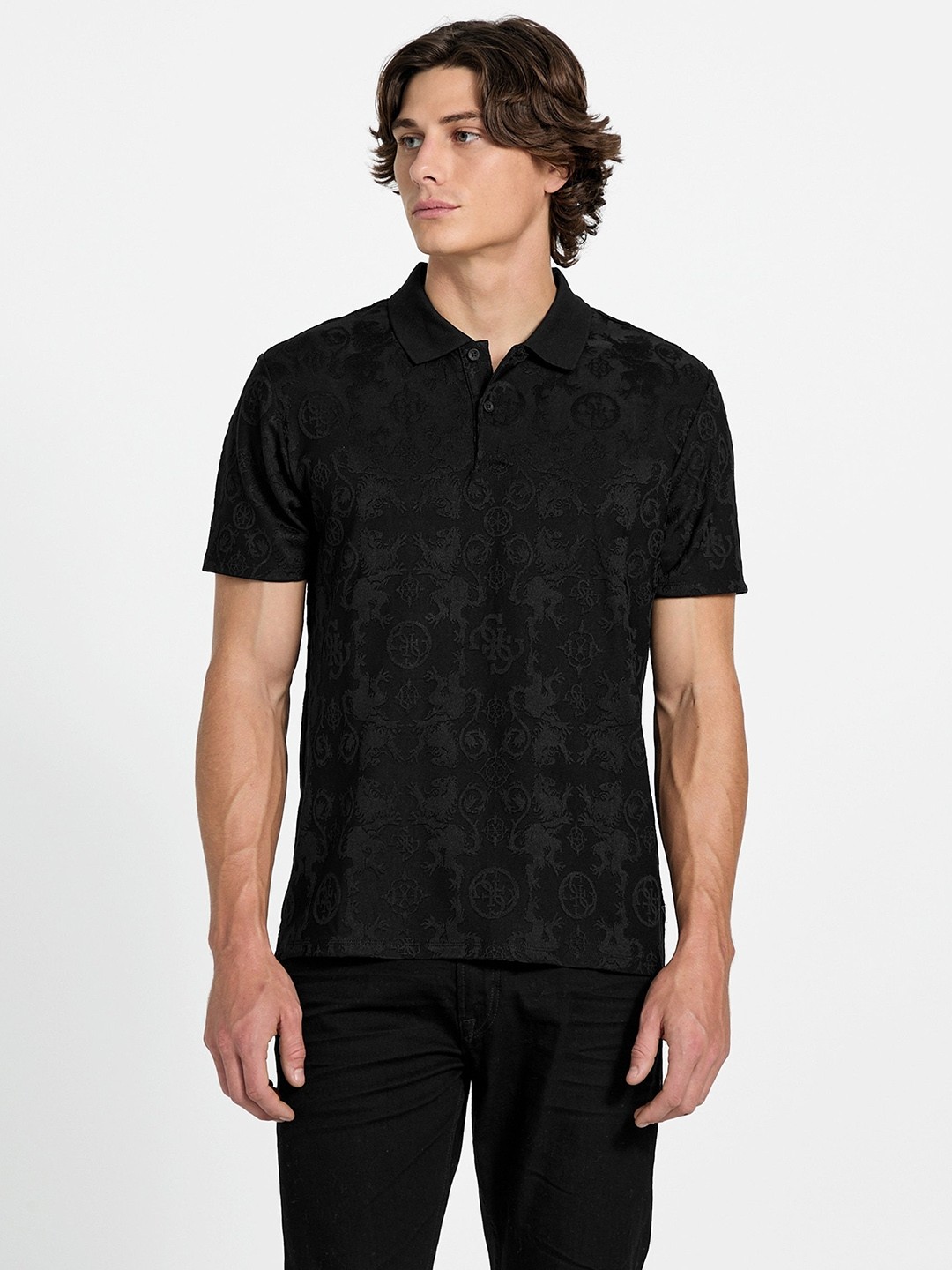 Black Self Design Polo Neck Polo T-shirt