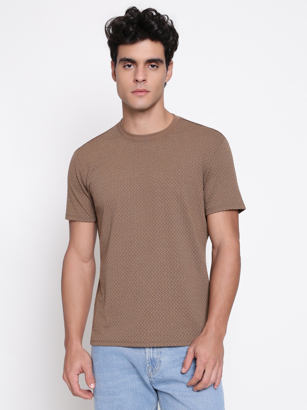 Guess Men Blake Knit Cubby Brown Herringbone Round Neck Regular Fit T-Shirt