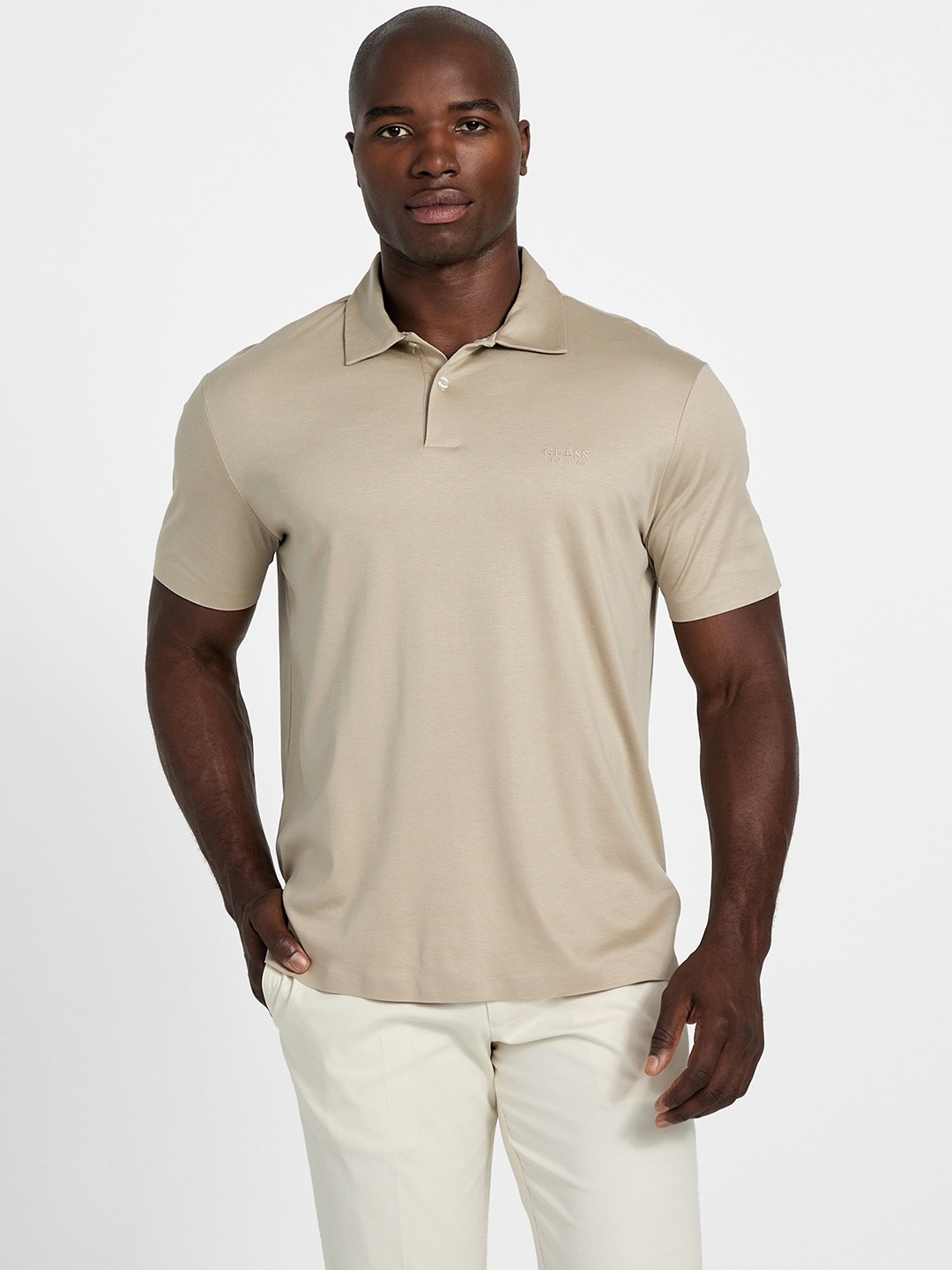 Beige Solid Polo Neck Polo T-shirt