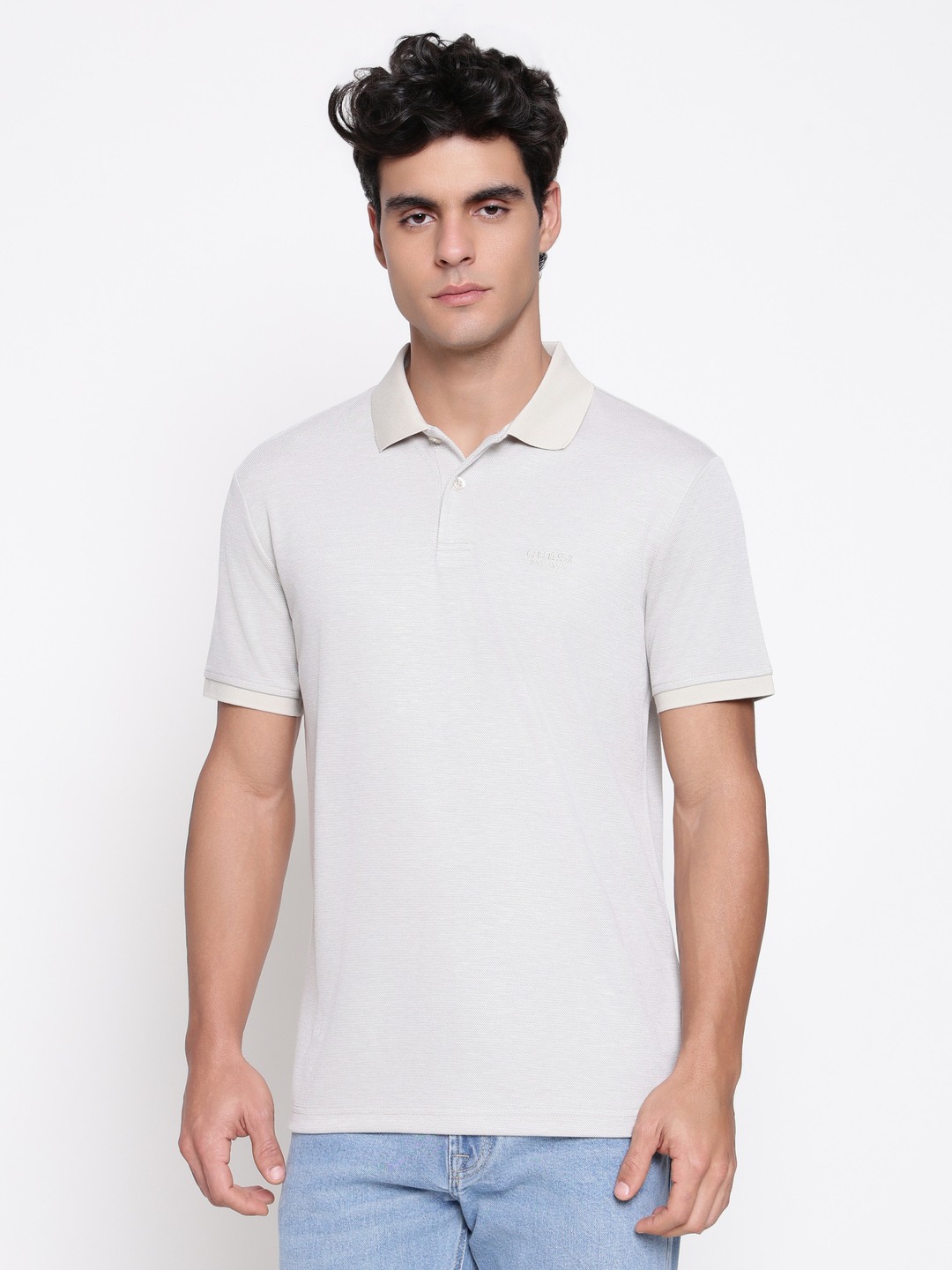 Guess Men Eco Rayon Pasadena Heather Piquet Solid Polo Neck Regular Fit T-Shirt