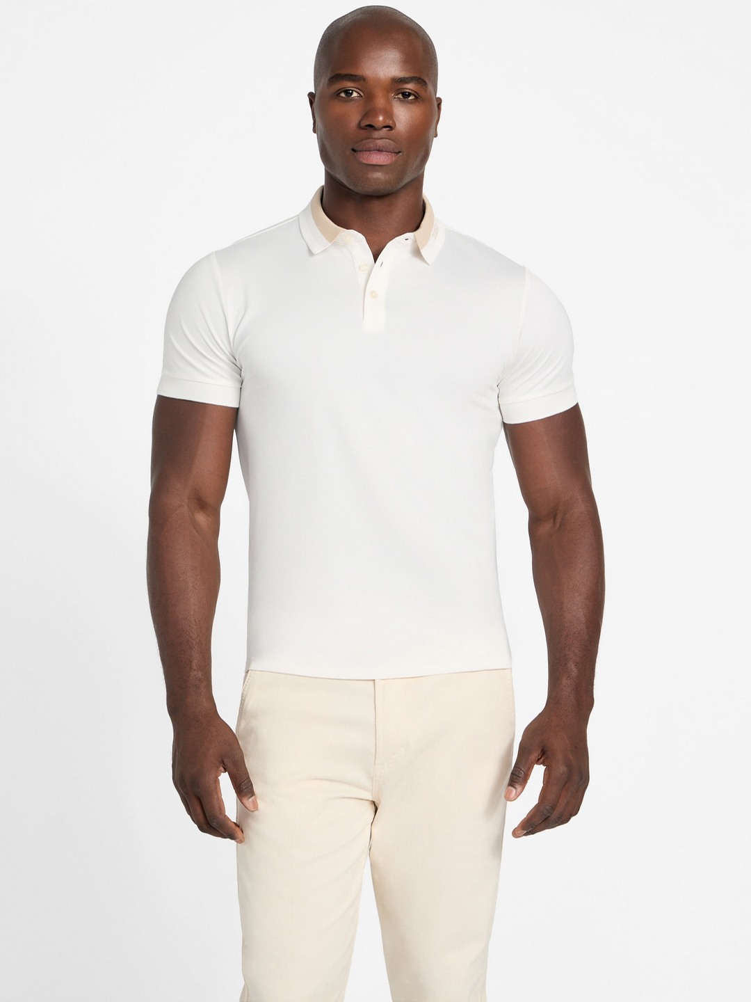 Guess Men Paul Pique Salt White Solid Polo Neck Regular Fit T-Shirt