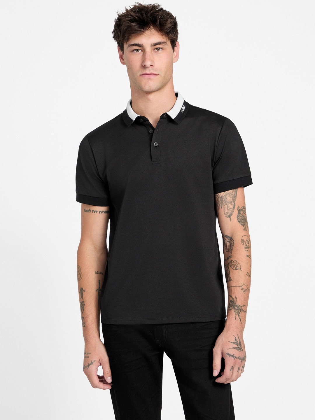 Guess Men Paul Pique Jet Black Solid Polo Neck Regular Fit T-Shirt